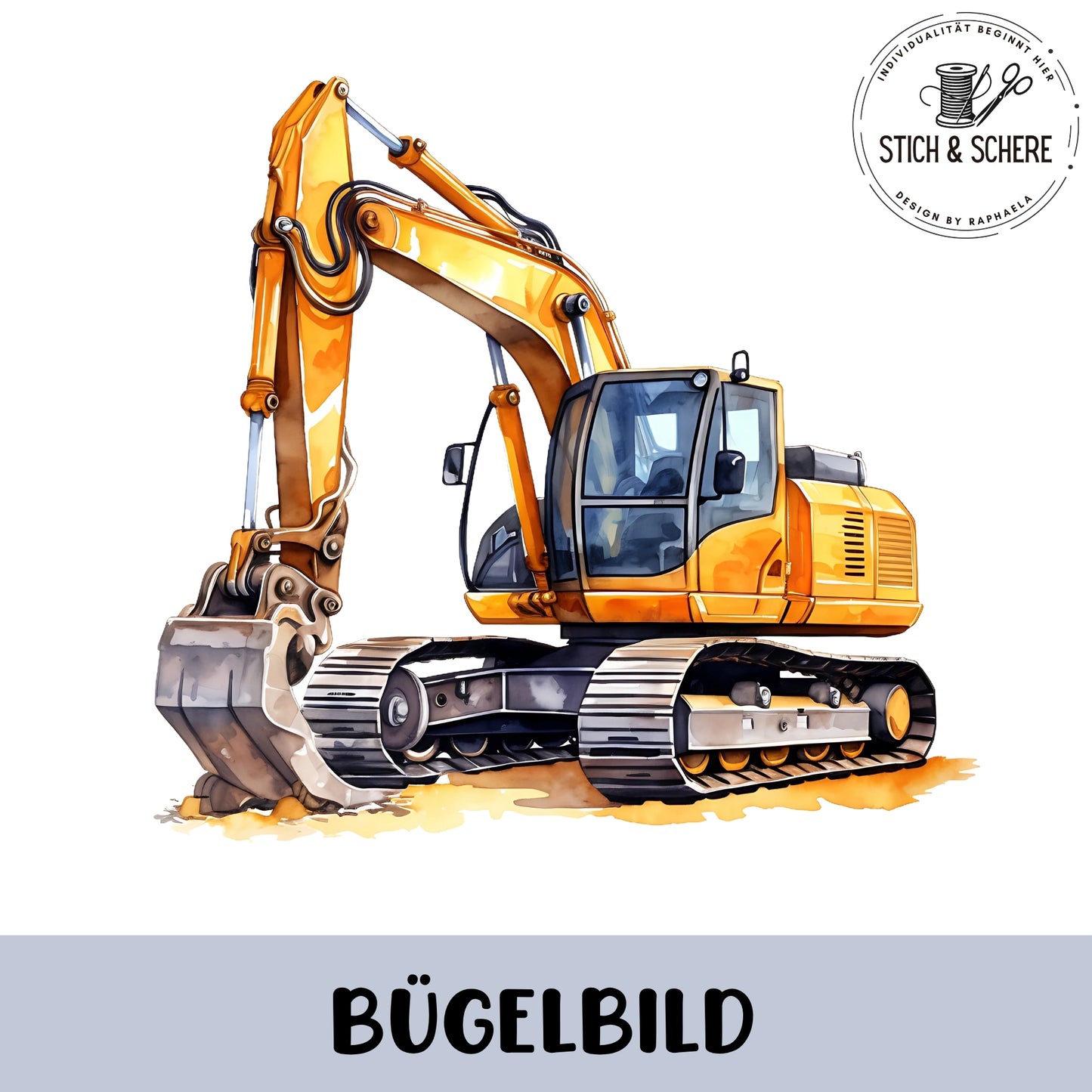Detailreich illustriertes Bügelbild mit gelbem Baustellen-Bagger in kräftigen Farben zum Aufbügeln auf Kleidung.