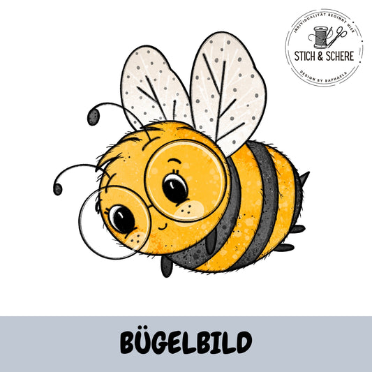 Bügelbild Bienchen mit Brille 10 oder 15 cm von Katzengold-Designs – süße gelb-schwarze Biene mit runder Brille und zarten Flügeln