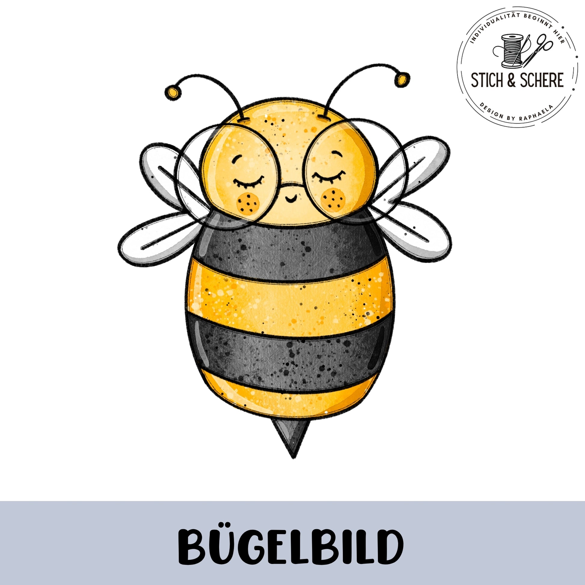 „Freigestelltes Bügelbild: gelb-schwarze Biene mit runder Brille, geschlossenen Augen, Sommersprossen und transparenten Flügeln; kindliche Illustration.“