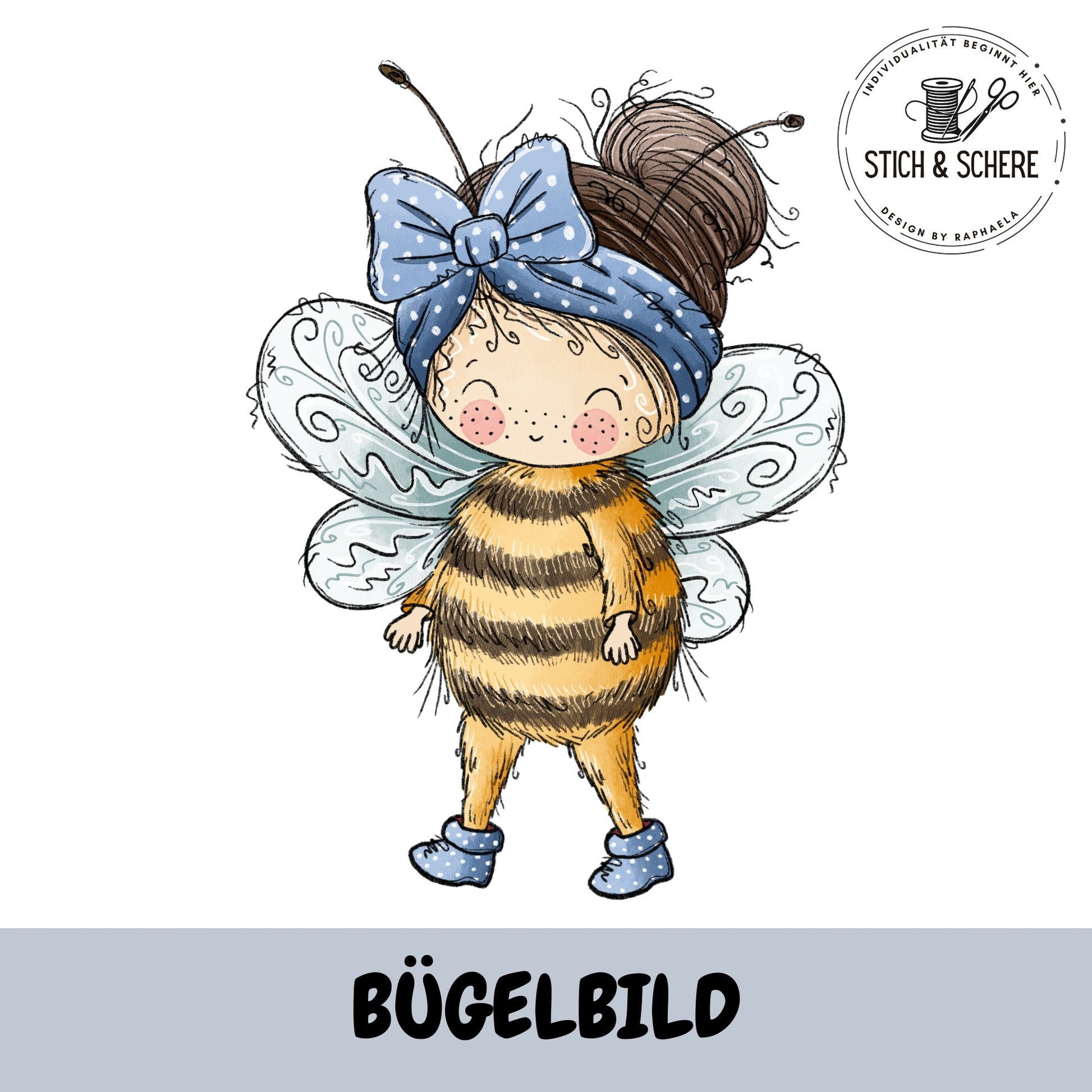 Bügelbild Bienenmädchen mit blauer Schleife von Katzengold-Designs