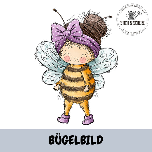 Bügelbild Bienenmädchen mit lila Schleife von Katzengold-Designs