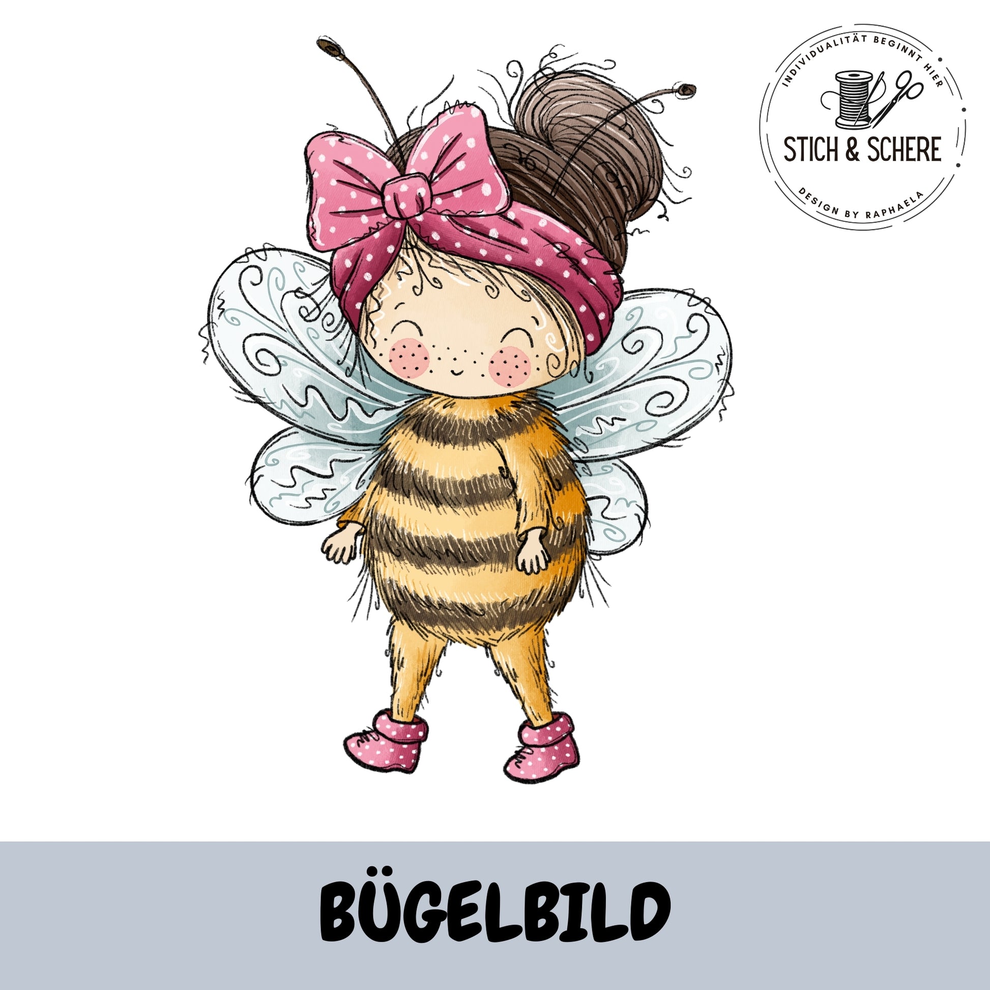 Bügelbild Bienenmädchen mit pinker Schleife von Katzengold-Designs