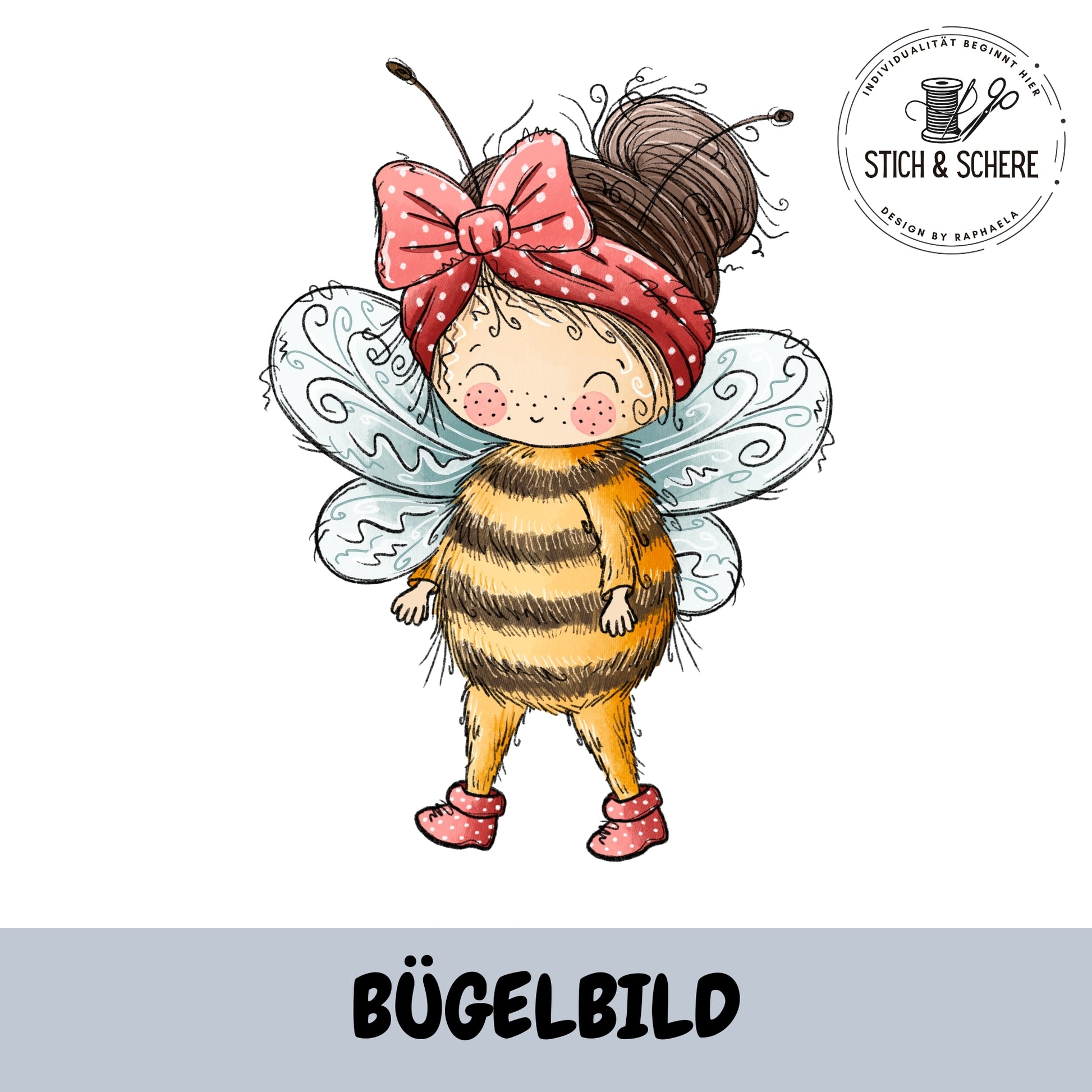 Bügelbild Bienenmädchen mit roter Schleife von Katzengold-Designs