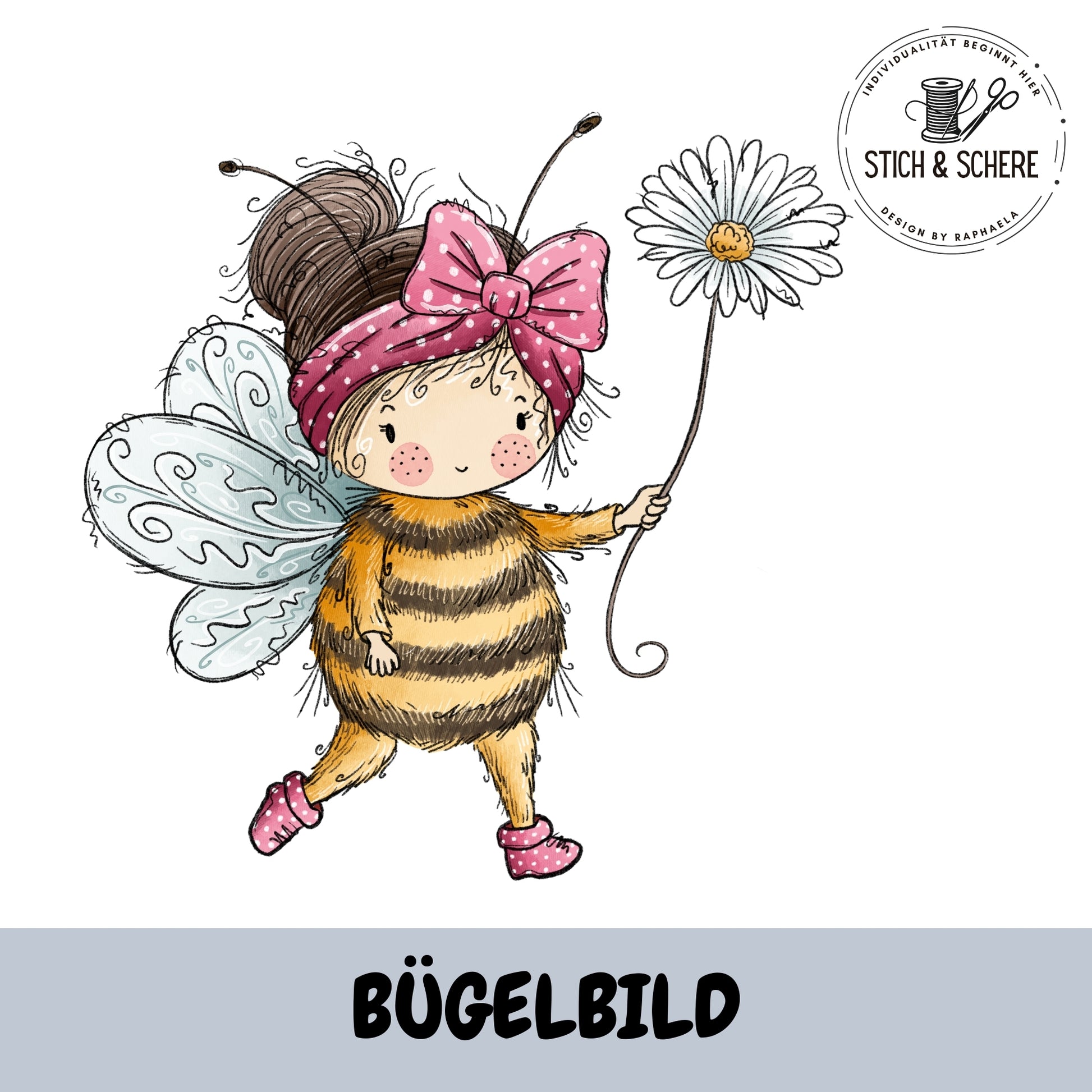 Bügelbild Bienenmädchen mit Blume von Katzengold-Designs