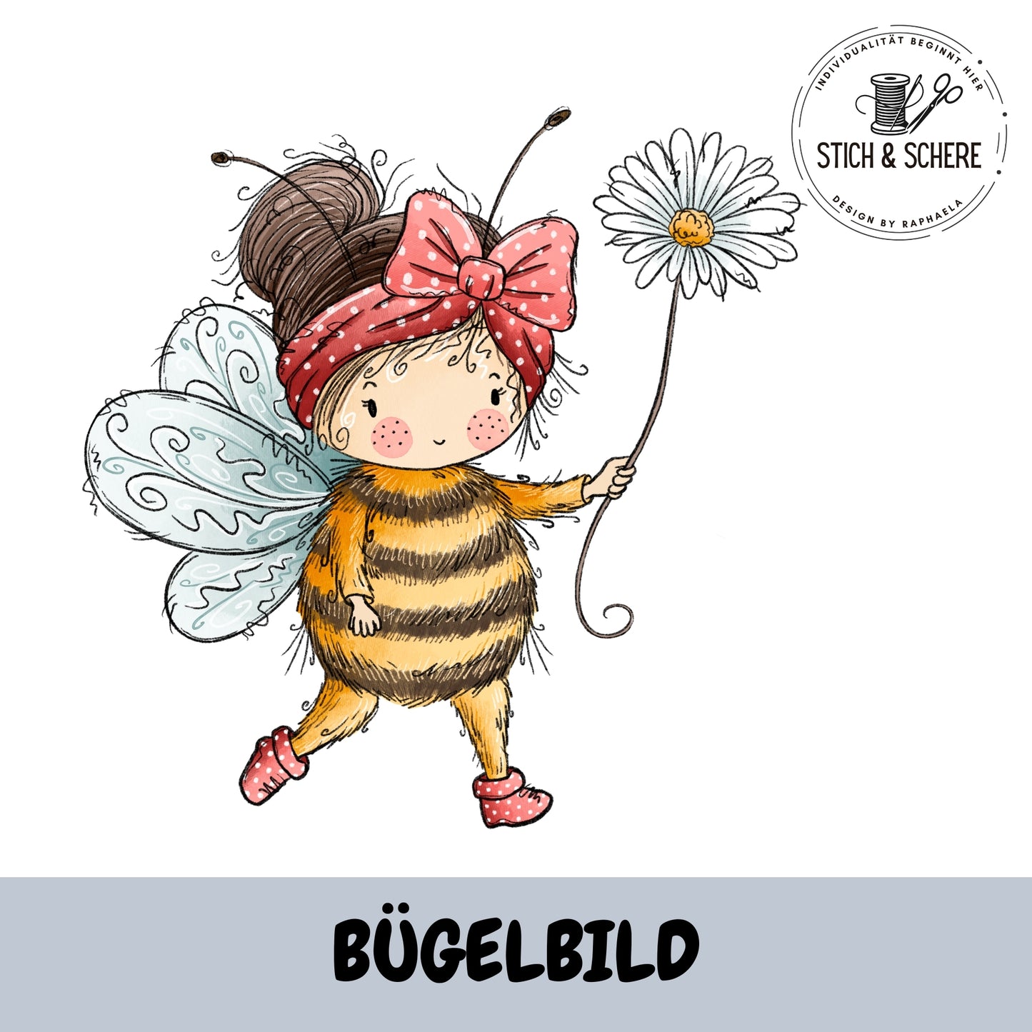 Niedliches Bienenmädchen mit Schleife und Blume zum Aufbügeln