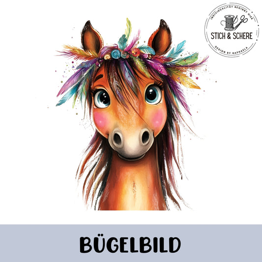 Süßes Pferde-Bügelbild „Boho Pferd“ – perfekt für kreative Kids.