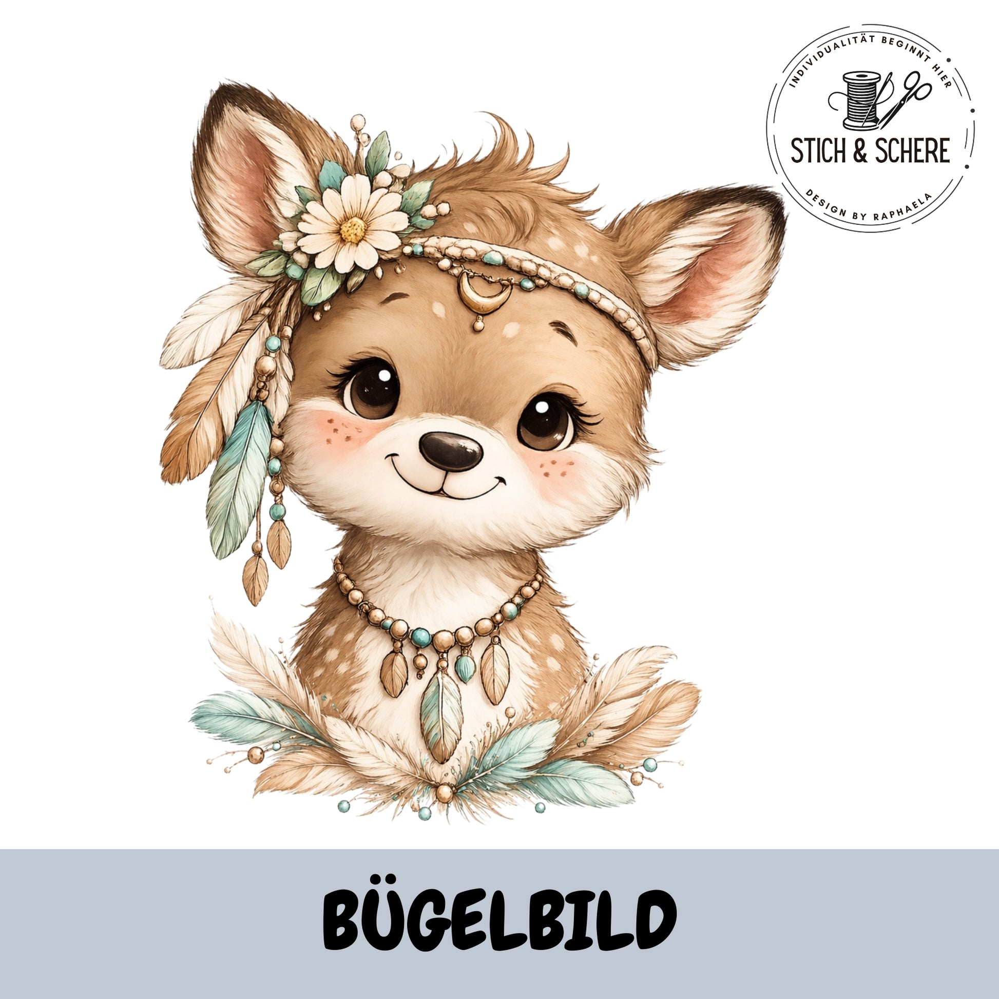 Niedliches Boho Reh Bügelbild mit Federn, Schmuckelementen und sanften Naturfarben für Kinderkleidung und Handmade-Projekte