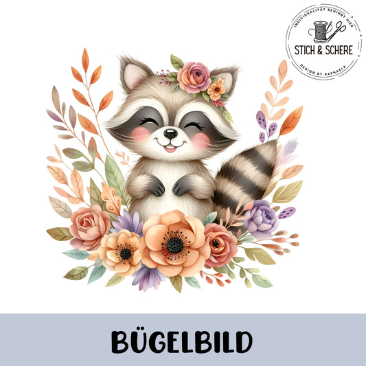 Hochwertiges Transfermotiv Boho Waschbär zum Aufbügeln auf Stoffe.