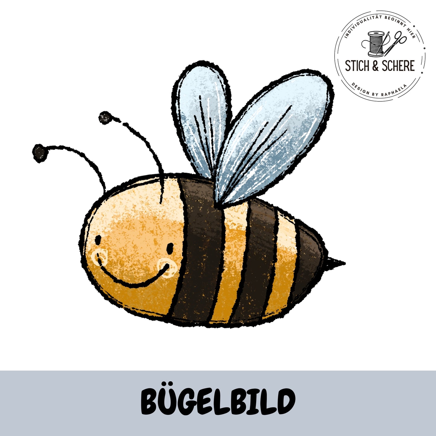 Bügelbild süße Biene mit blauen Flügeln – Motiv Bunte Wiese von Katzengold-Designs