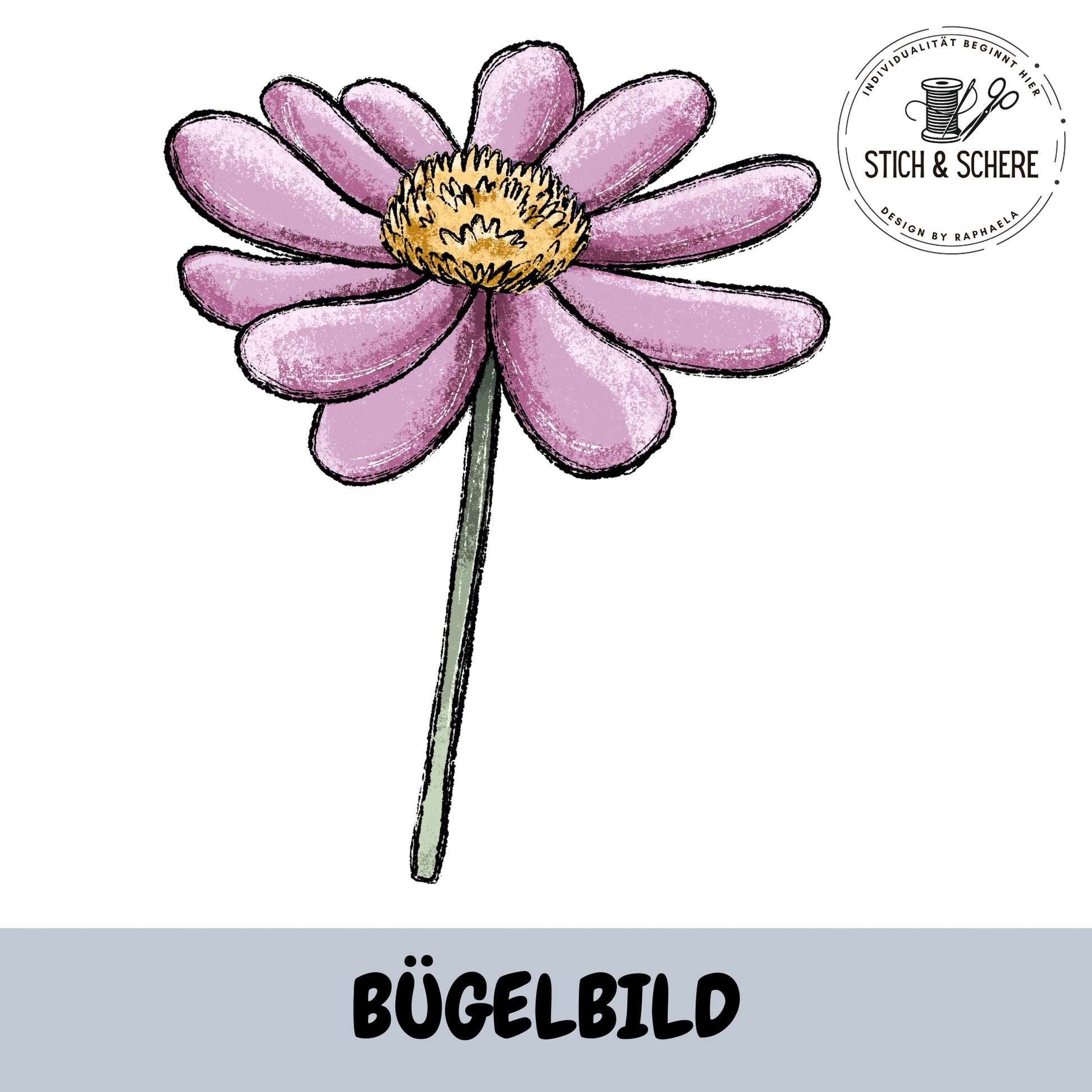 Bügelbild rosa Blume mit Stiel – Motiv Bunte Wiese von Katzengold-Designs