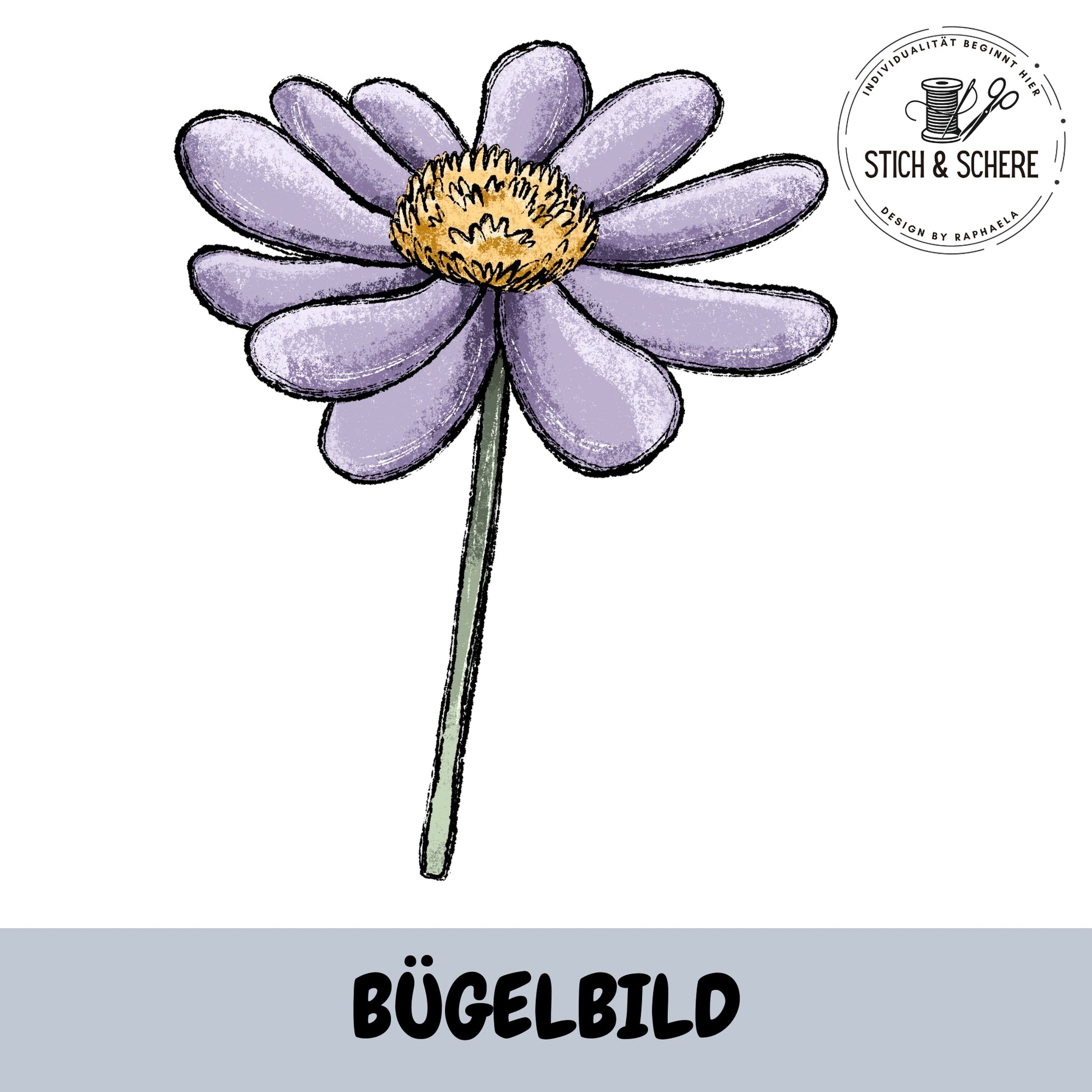 Bügelbild lila Blume mit gelber Mitte – Motiv Bunte Wiese von Katzengold-Designs