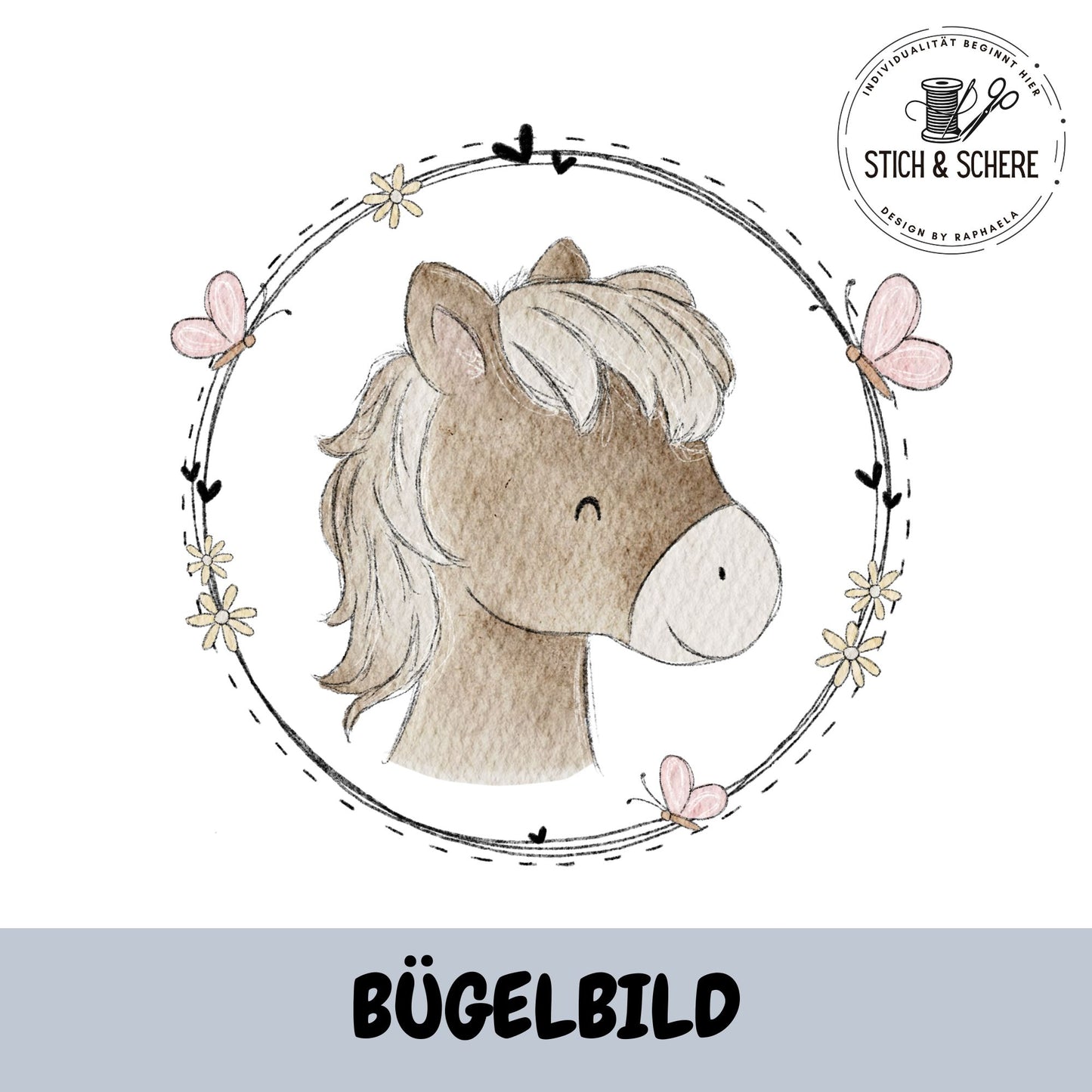 Bügelbild „Button Pferd“ mit niedlichem Pferdekopf im Aquarellstil, umrahmt von Blumen, Herzen und Schmetterlingen als hochwertiger DTF-Transfer für Kinderkleidung
