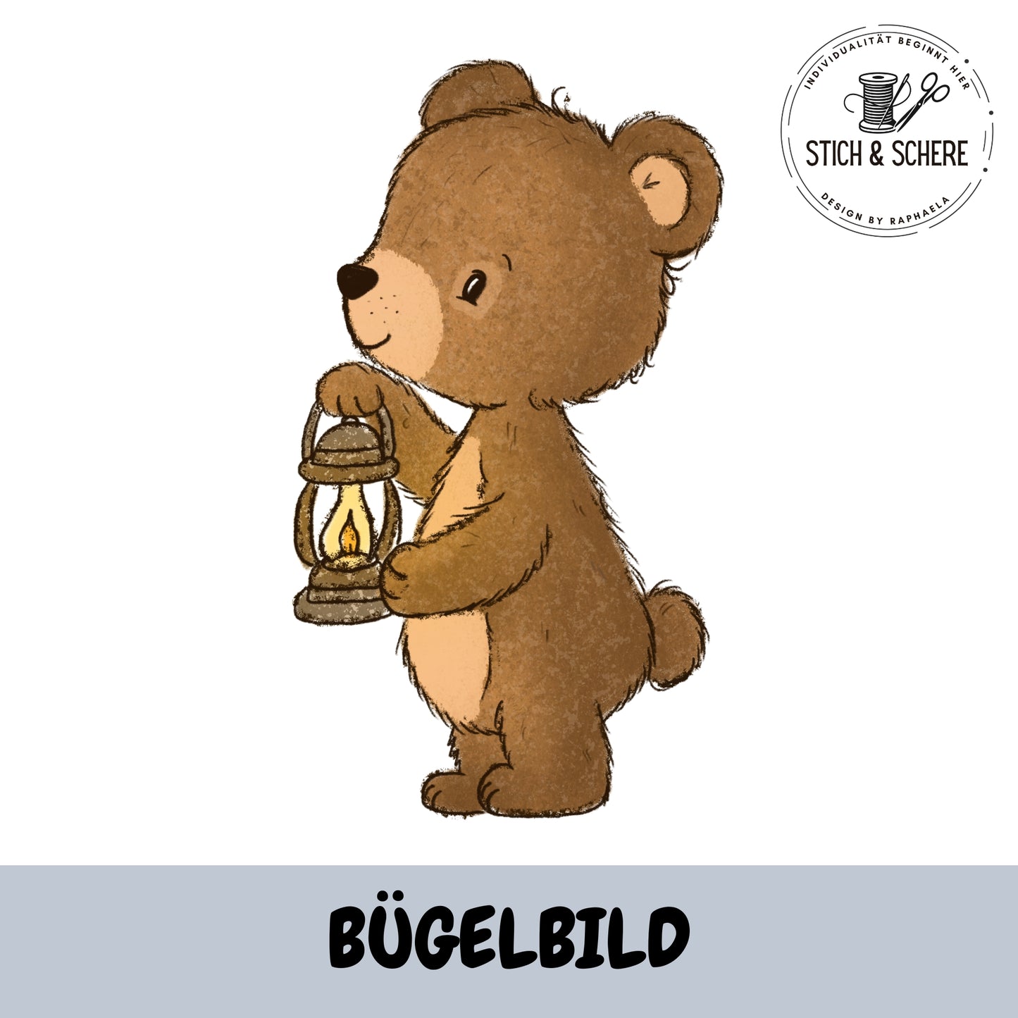 Campingfreunde Bügelbild Bär mit Laterne im verspielten Aquarell Stil für Kinder
