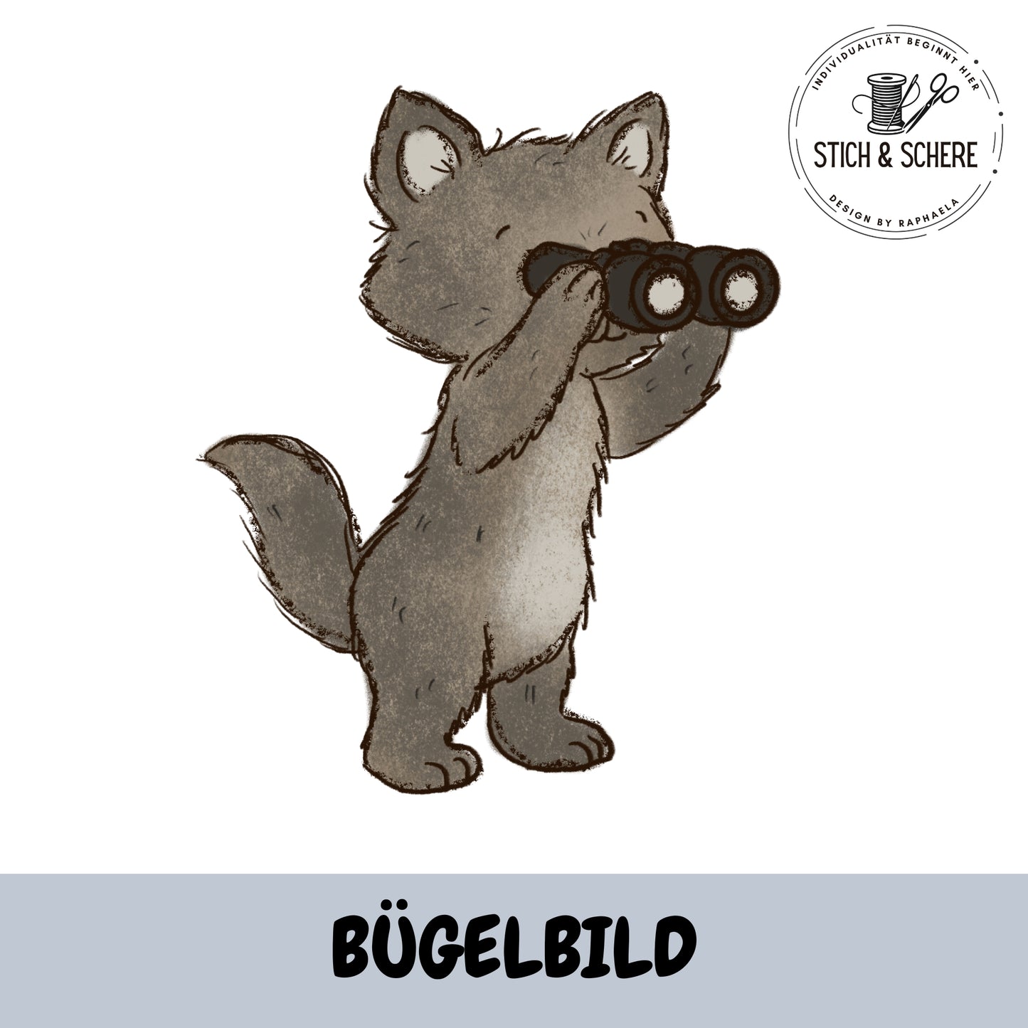 Campingfreunde Bügelbild Wolf mit Fernglas im Abenteuer Camping Look für Kinderkleidung