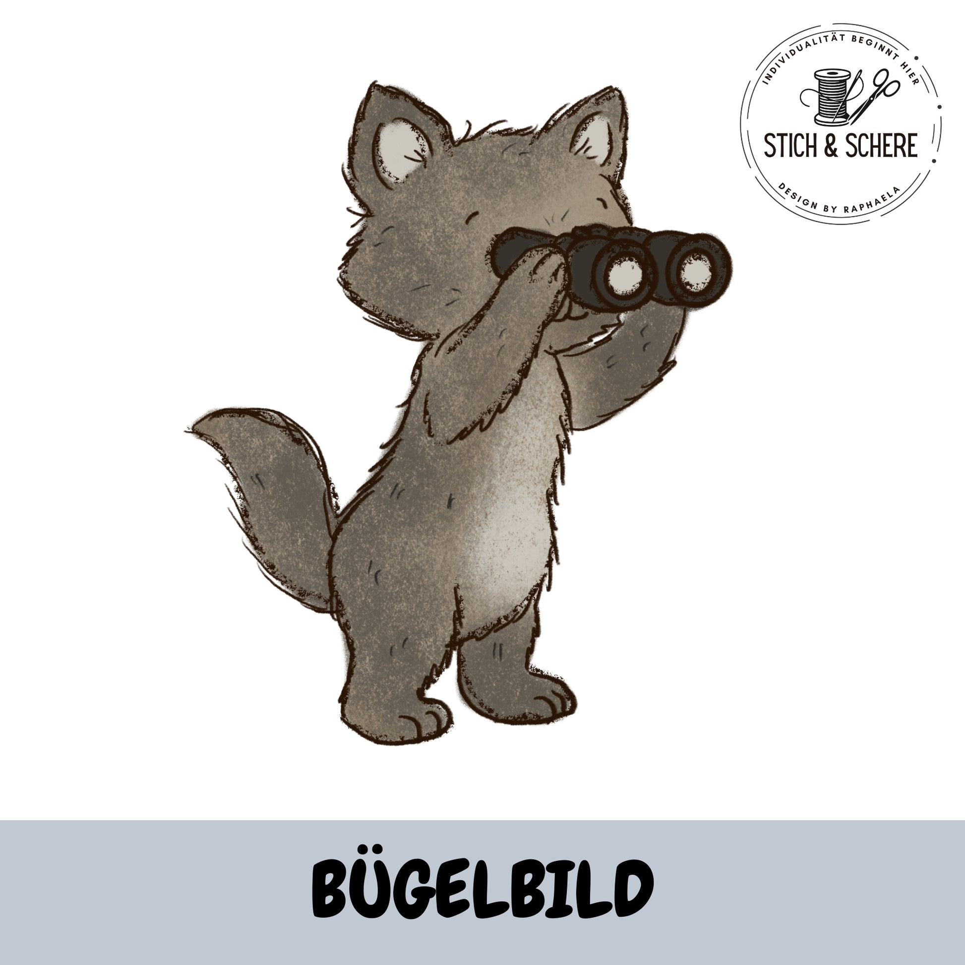 Campingfreunde Bügelbild Wolf mit Fernglas im Abenteuer Camping Look für Kinderkleidung