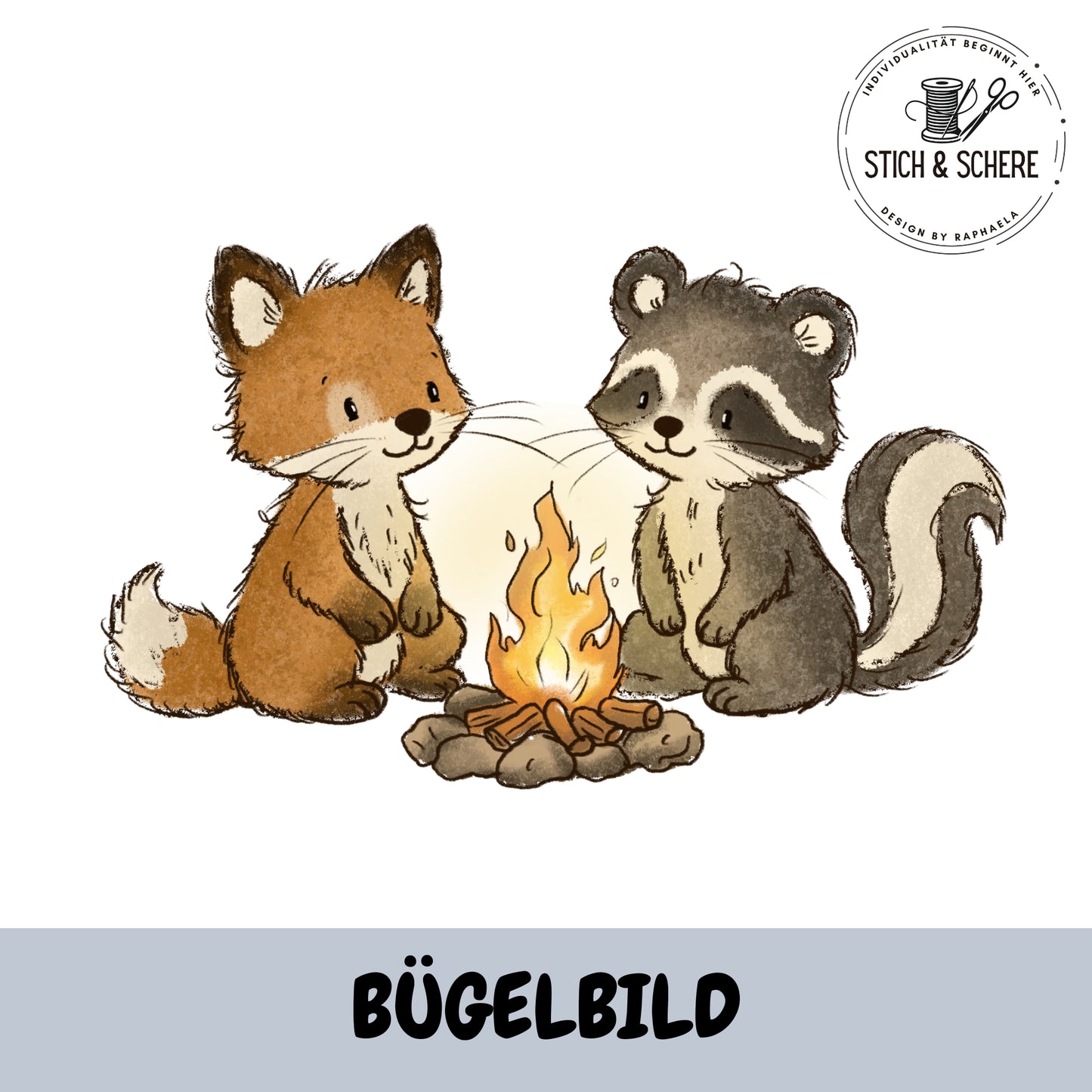 Campingfreunde Bügelbild mit Fuchs und Waschbär am Lagerfeuer im niedlichen Aquarell Stil