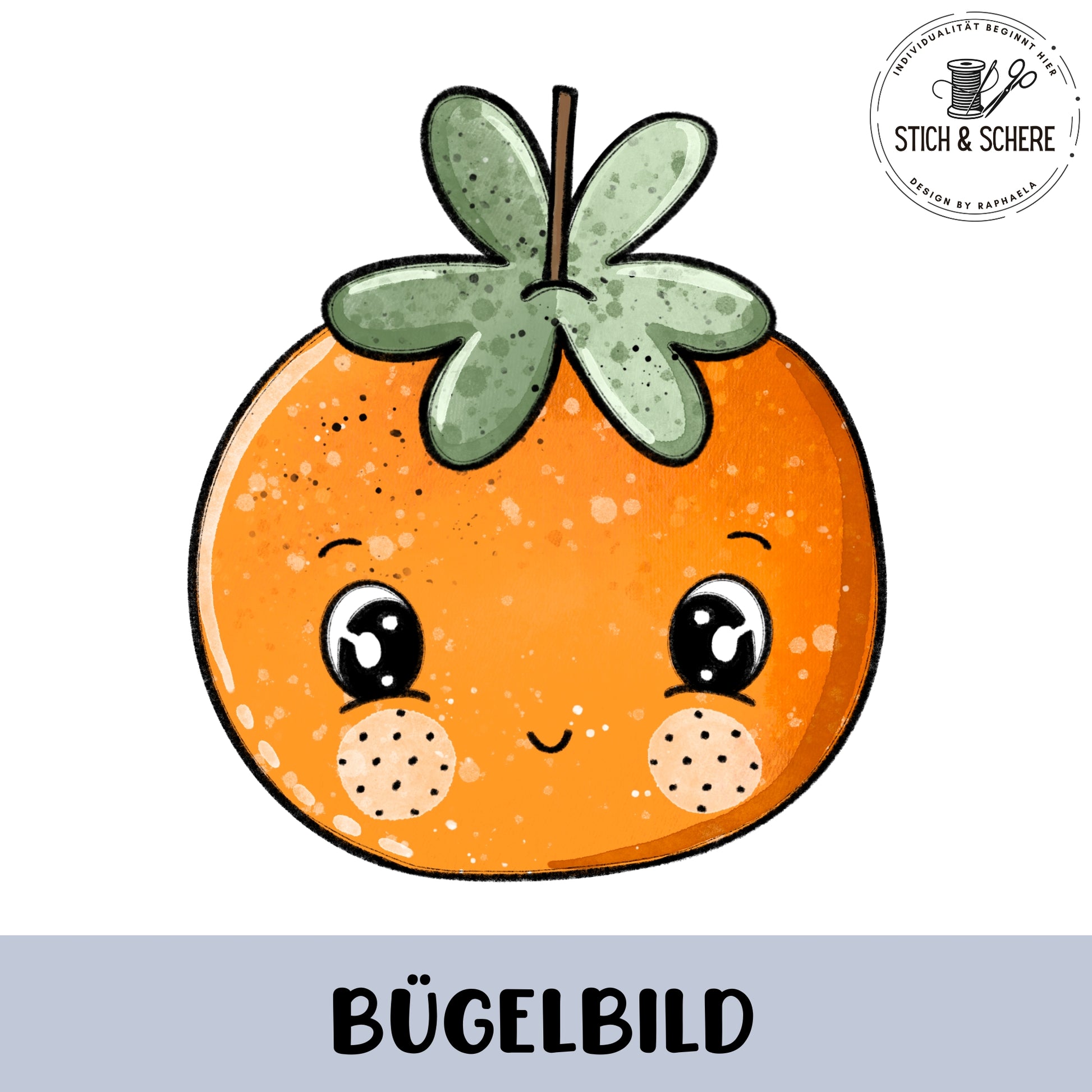 Runde, orangefarbene Mandarine als Bügelbild ohne Brille, mit großen glänzenden Augen, Sommersprossen und grünem Blatt oben; freundlicher Gesichtsausdruck auf weißem Hintergrund.