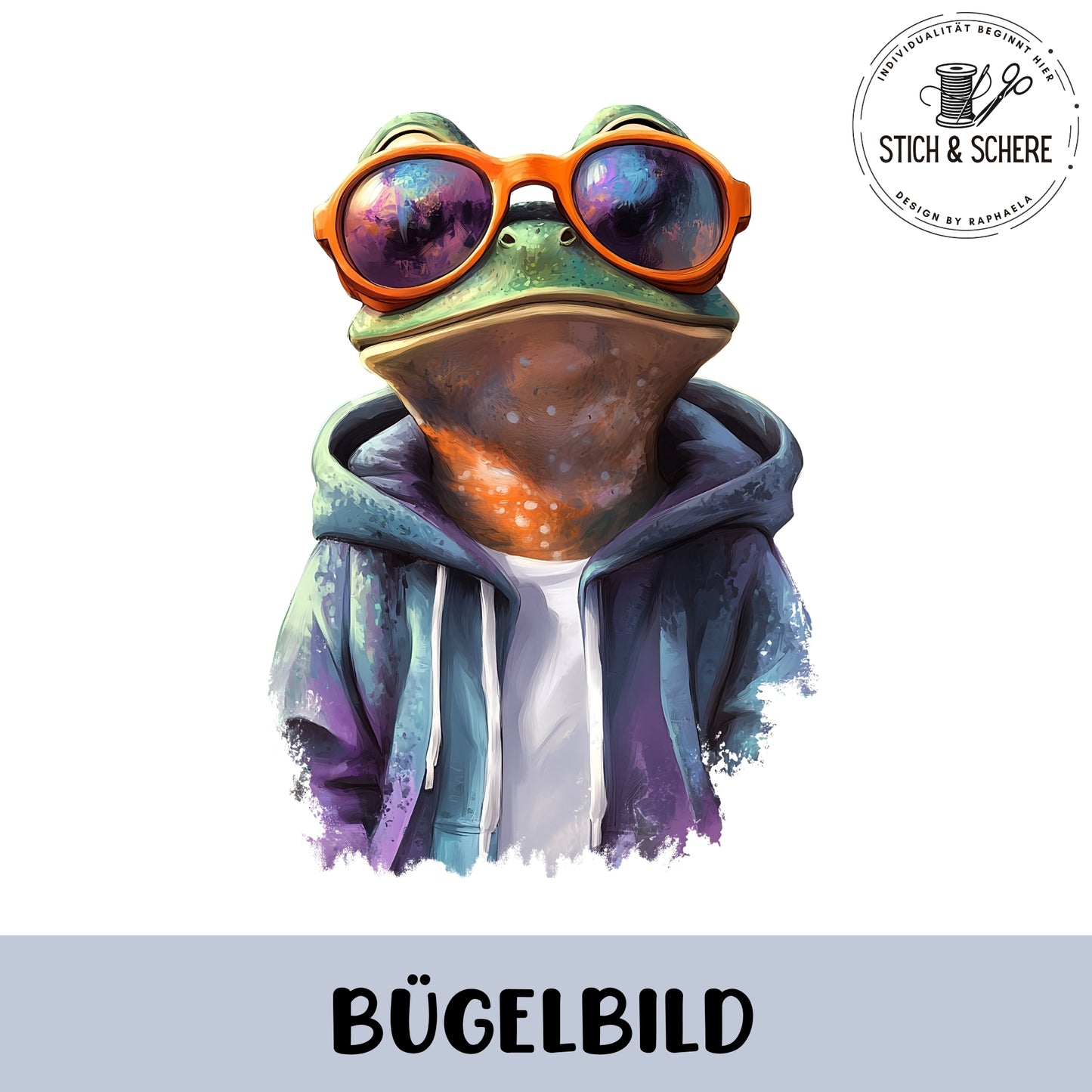 Bügelbild mit coolem Frosch im Hoodie und großer Sonnenbrille in kräftigen Farben.