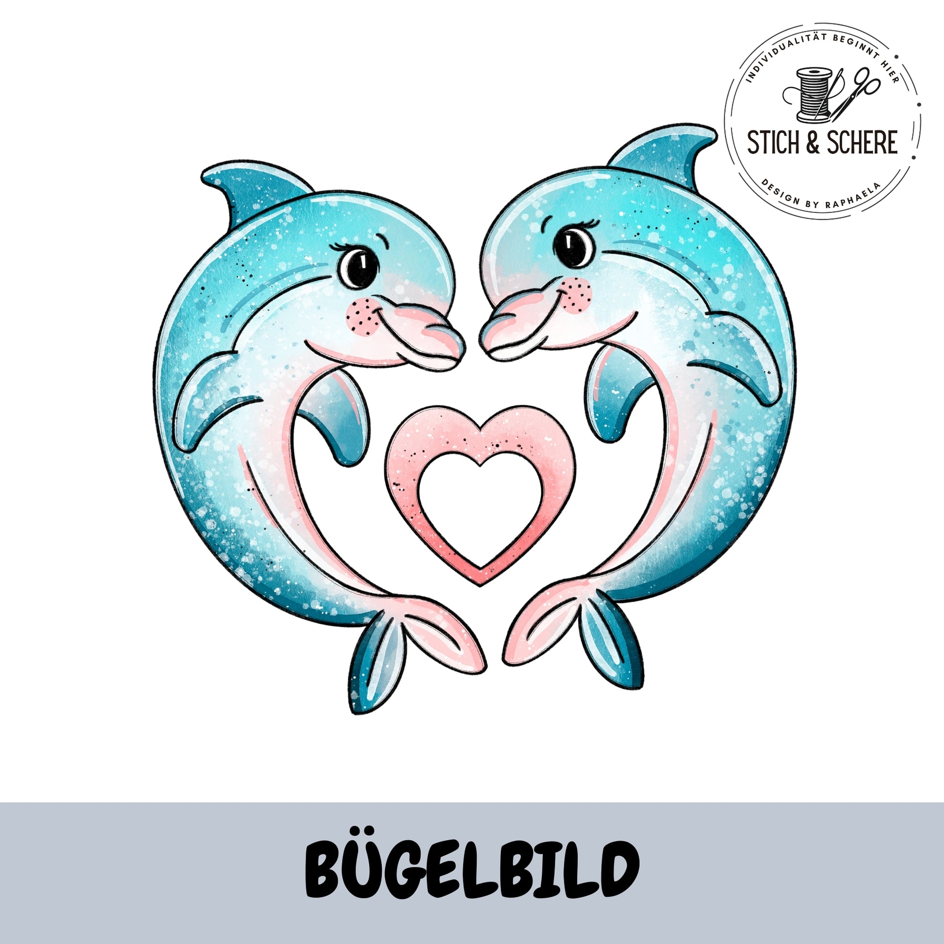 Bügelbild Delfinchen Katzengold-Designs – zwei blaue Delfine mit Herzmotiv
