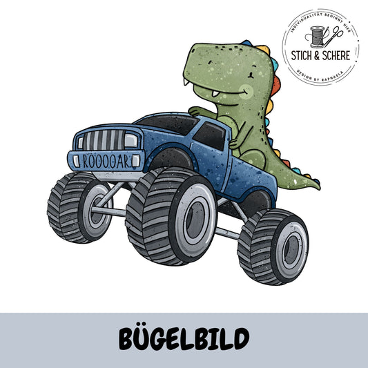 Bügelbild „Dino Truck Blau“: grüner Dino fährt blauen Monstertruck mit riesigen Reifen, Kennzeichen „ROOOOAR“; Logo oben rechts; unten grauer Balken mit Schrift „BÜGELBILD“.
