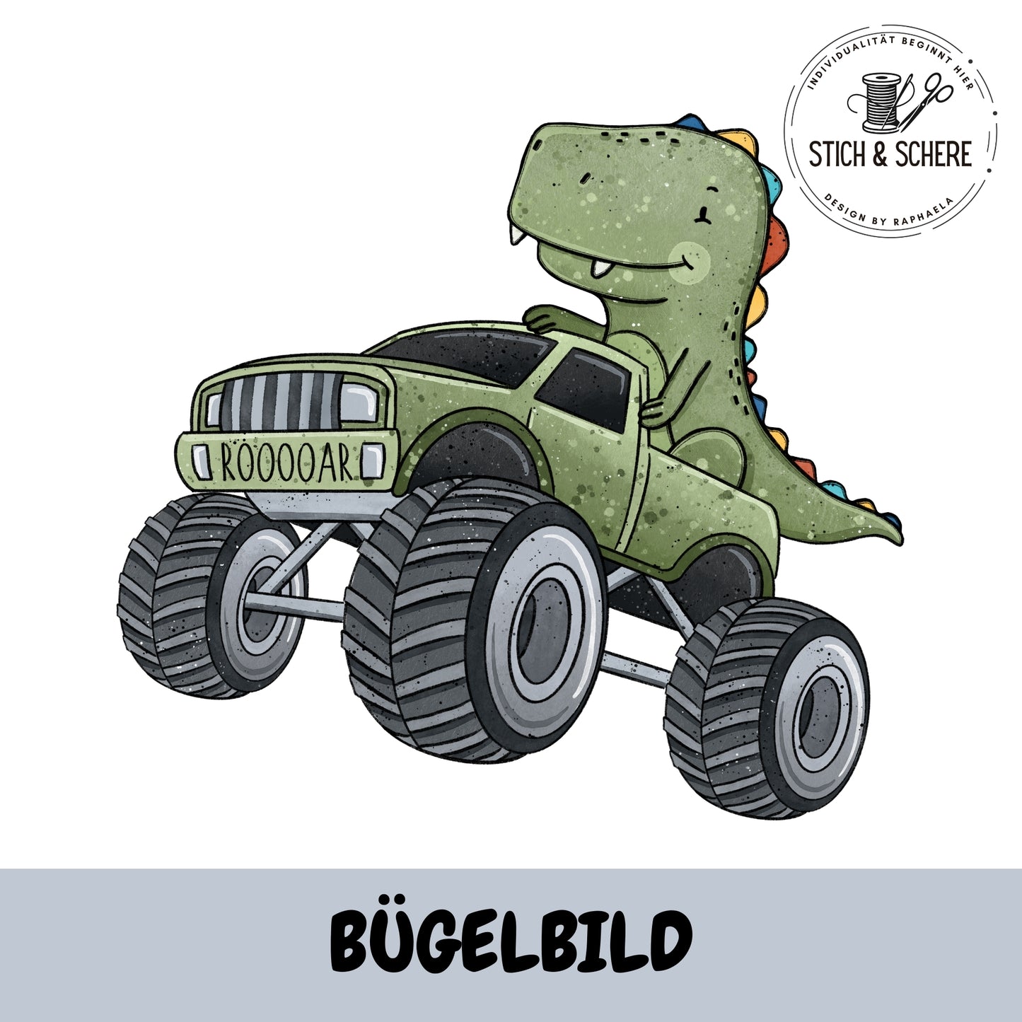 Bügelbild „Dino Truck Grün“ 10 cm | 15 cm – Monstertruck Dino – Katzengold-Designs