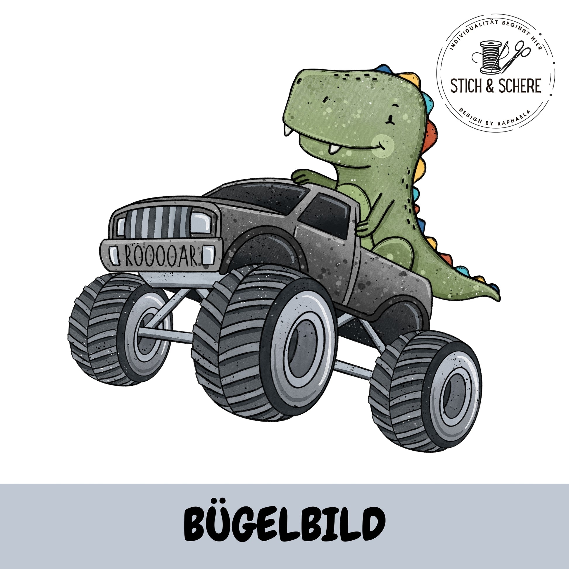 Bügelbild „Dino Truck Schwarz“ 10 cm | 15 cm – Monstertruck Dino – Katzengold-Designs