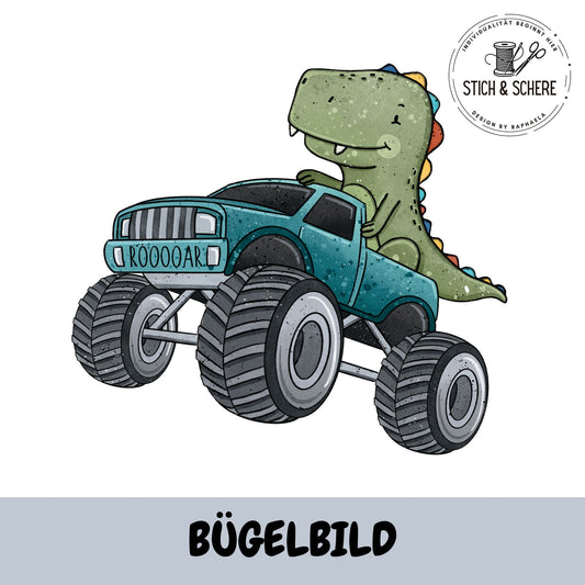 Bügelbild „Dino Truck Türkis“: grüner Dino fährt türkisfarbenen Monstertruck mit riesigen Reifen, Kennzeichen „ROOOOAR“; Logo oben rechts; unten grauer Balken mit Schrift „BÜGELBILD“.