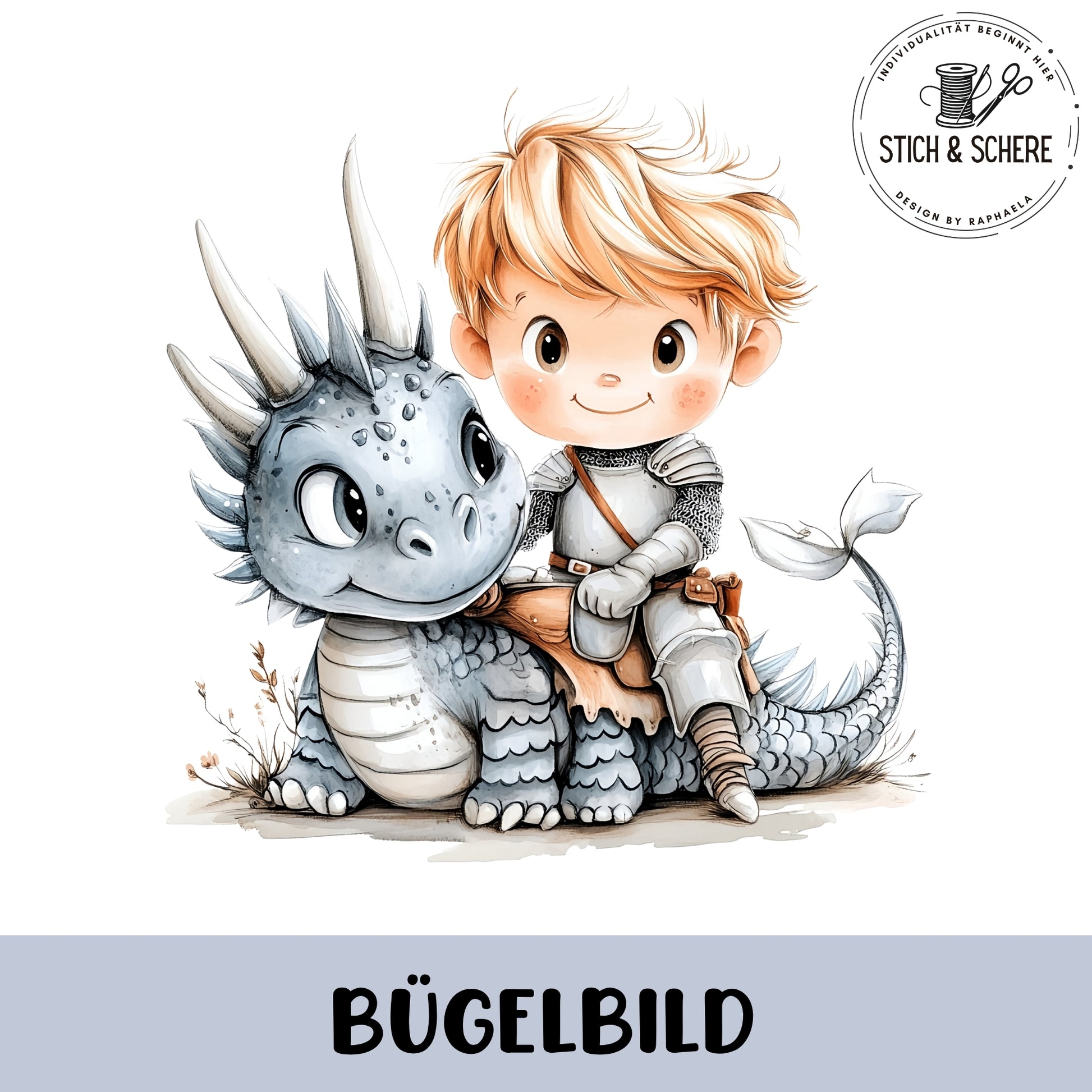 Bügelbild mit kleinem Ritterjungen auf einem niedlichen Drachen in sanften Farben.