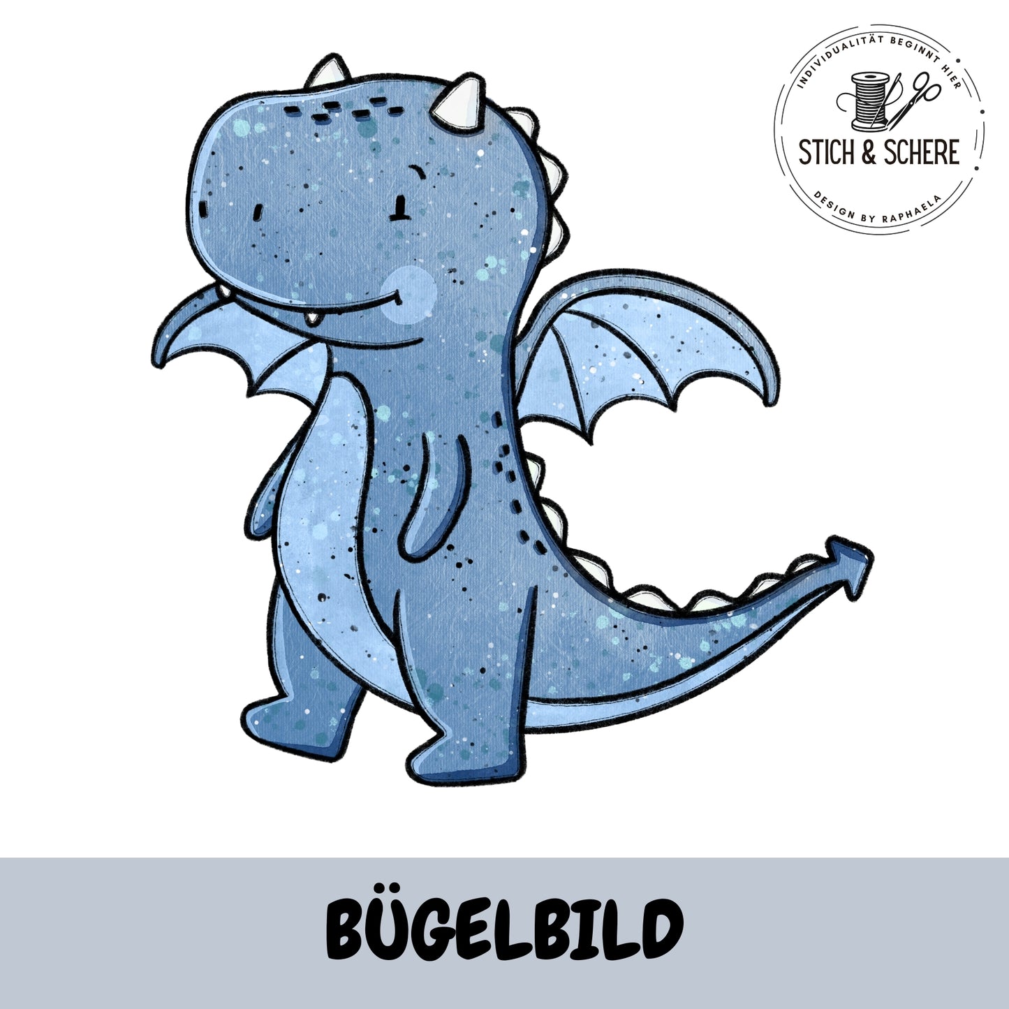 Bügelbild Dragon blau – kleiner Drache mit Flügeln – Katzengold-Designs