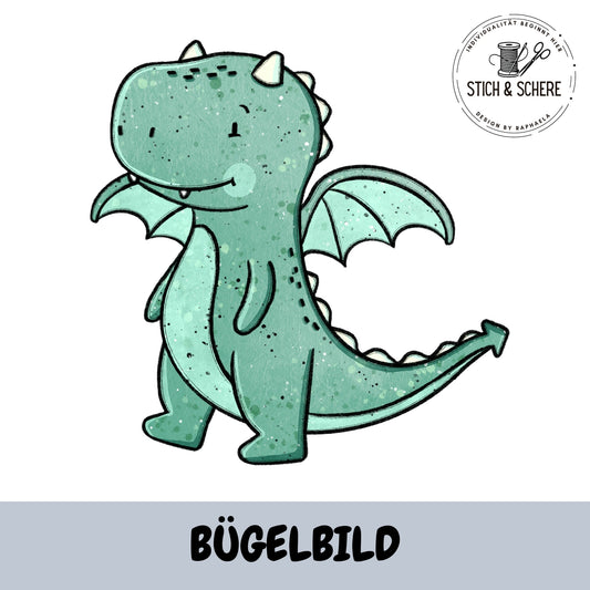 Bügelbild Dragon grün – kleiner Drache mit Flügeln – Katzengold-Designs