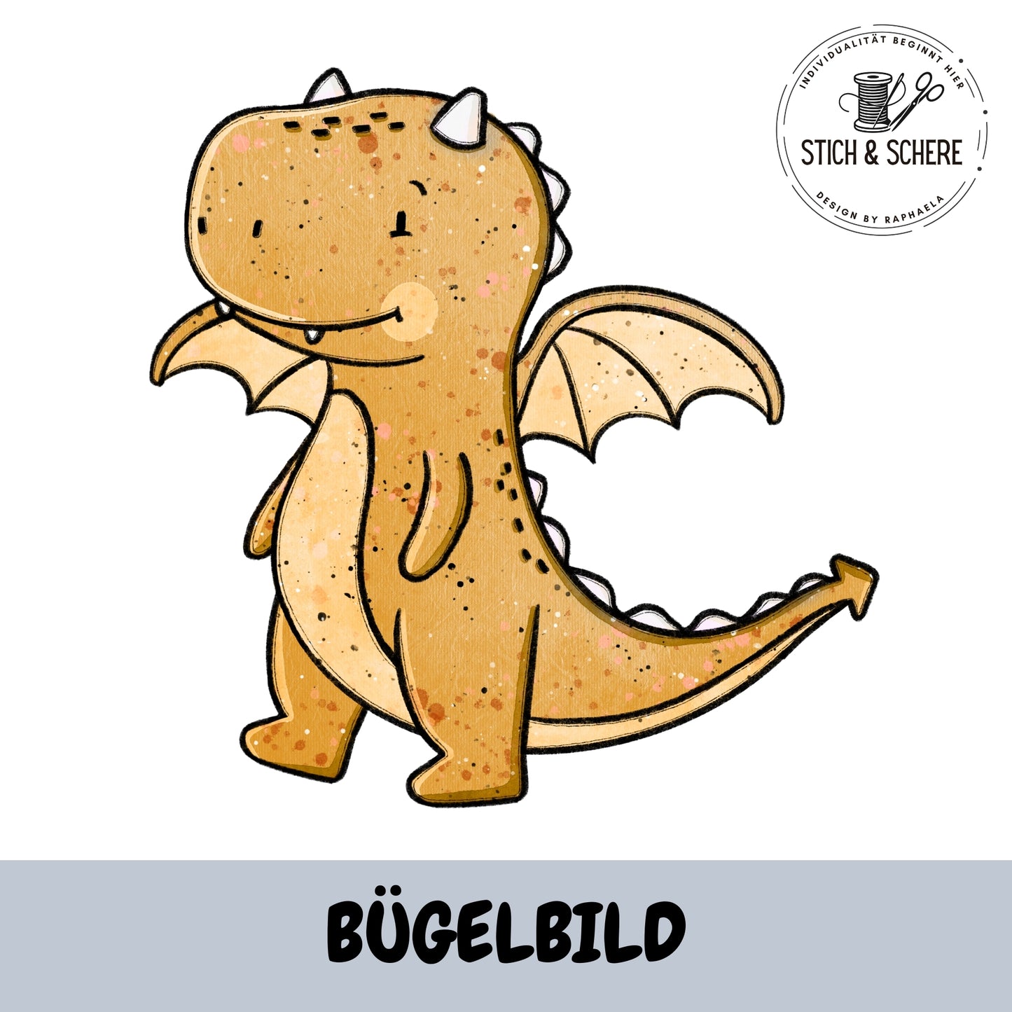 Bügelbild Dragon senfgelb – kleiner Drache mit Flügeln – Katzengold-Designs