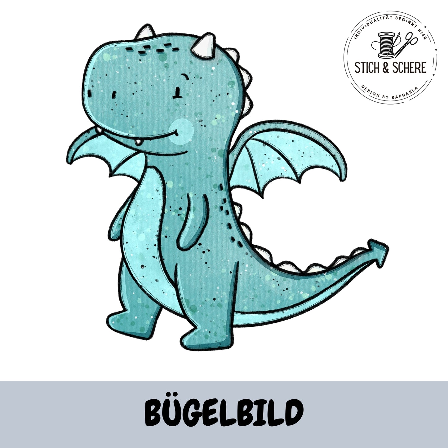 Bügelbild Dragon tuerkis – kleiner Drache mit Flügeln – Katzengold-Designs