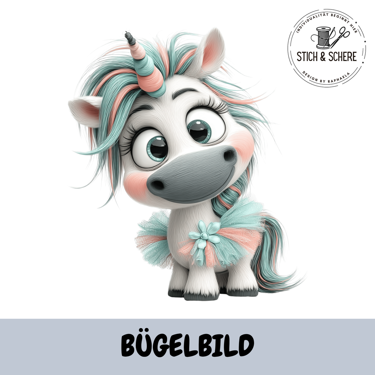 Bügelbild Einhorn Nivora in Mint Türkis und Rosé mit Tüllrock
