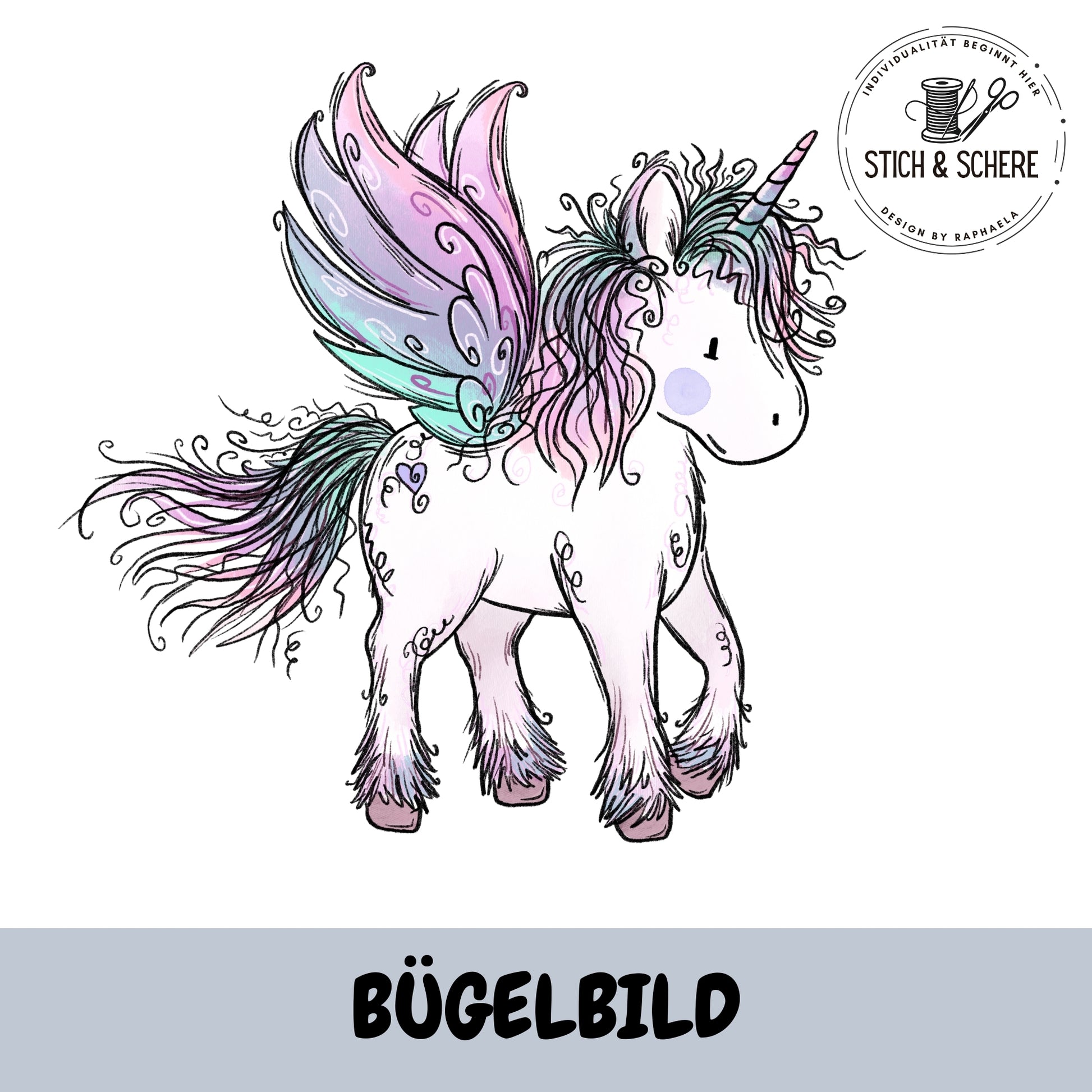 Bügelbild Einhornzeit geflügeltes Einhorn von Katzengold-Designs in 10 cm oder 15 cm