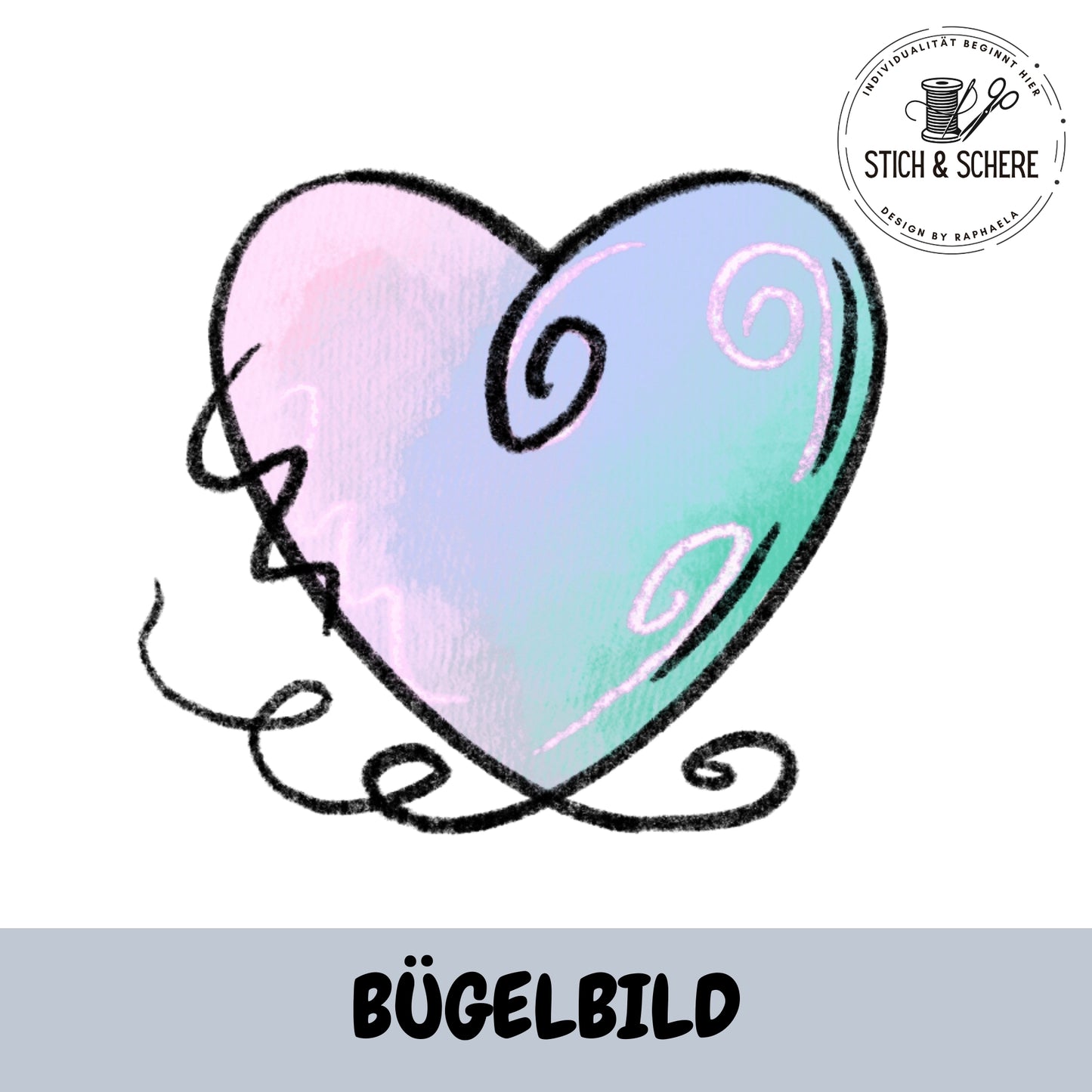 Bügelbild Einhornzeit Herzmotiv pastell von Katzengold-Designs 10 und 15 cm