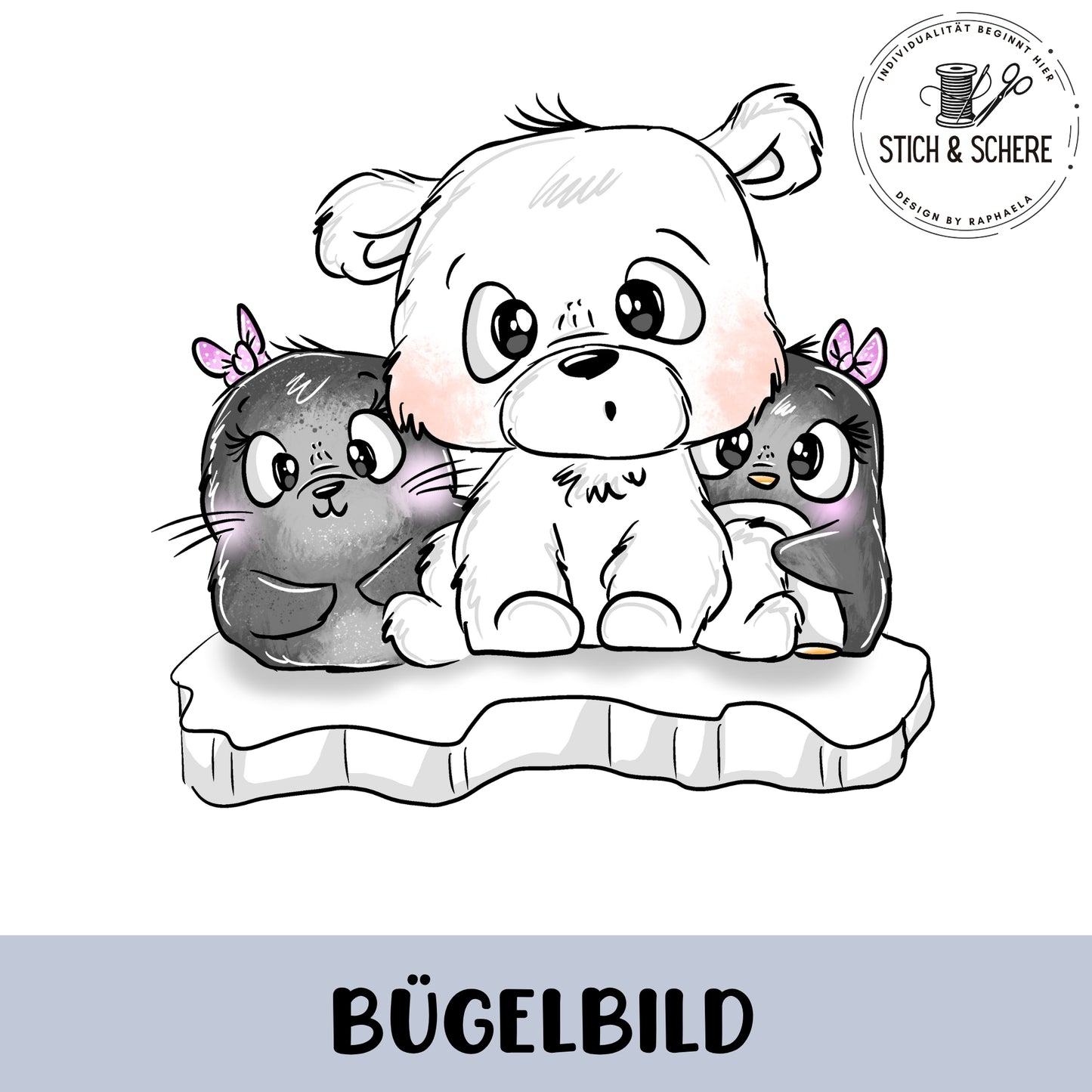 Niedliches Eisbär-Pinguin-Motiv als Aufbügler für individuelle Kinderkleidung.