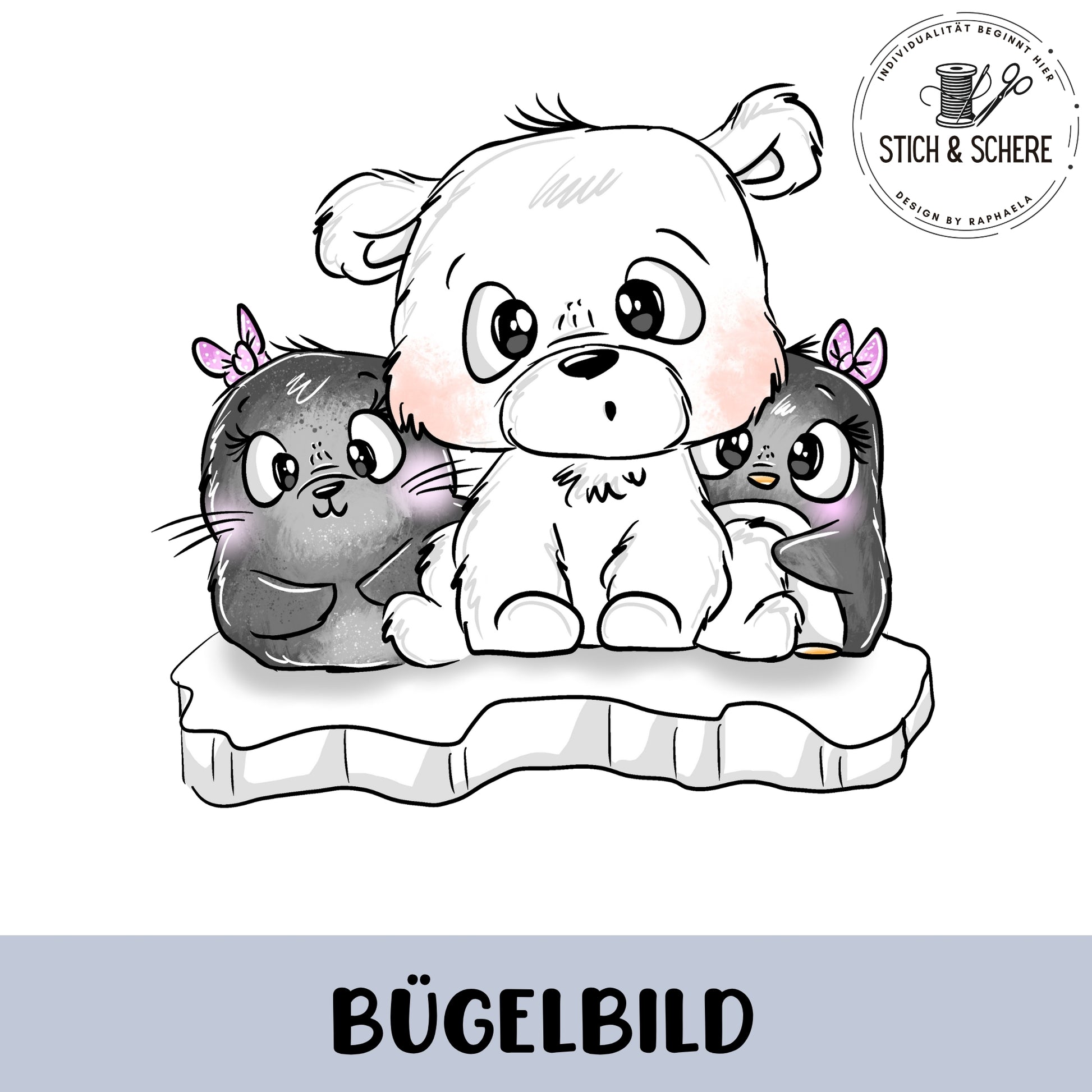 Niedliches Eisbär-Pinguin-Motiv als Aufbügler für individuelle Kinderkleidung.