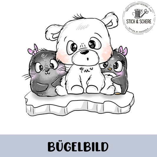 Niedliches Eisbär-Pinguin-Motiv als Aufbügler für individuelle Kinderkleidung.