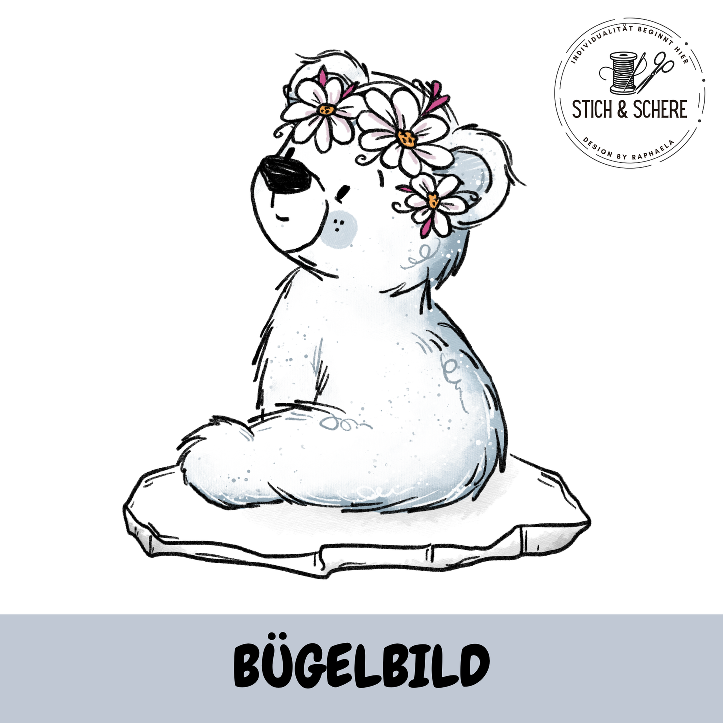 Bügelbild Eisbärchi mit Blume und floralen Details auf Eisscholle – DTF Transfer
