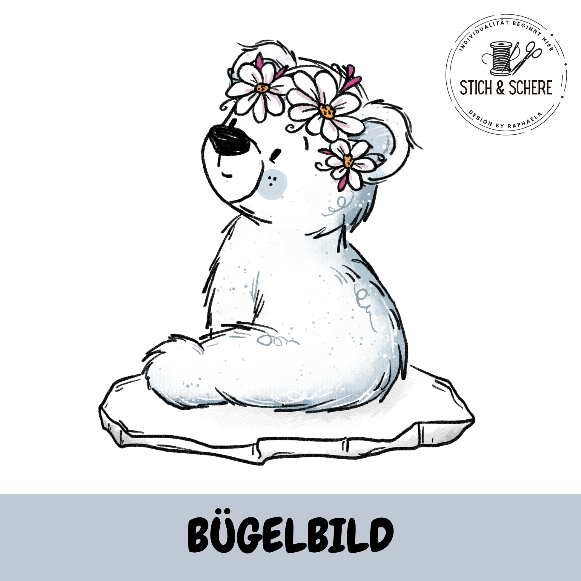 Bügelbild Eisbärchi mit Blume und floralen Details auf Eisscholle – DTF Transfer