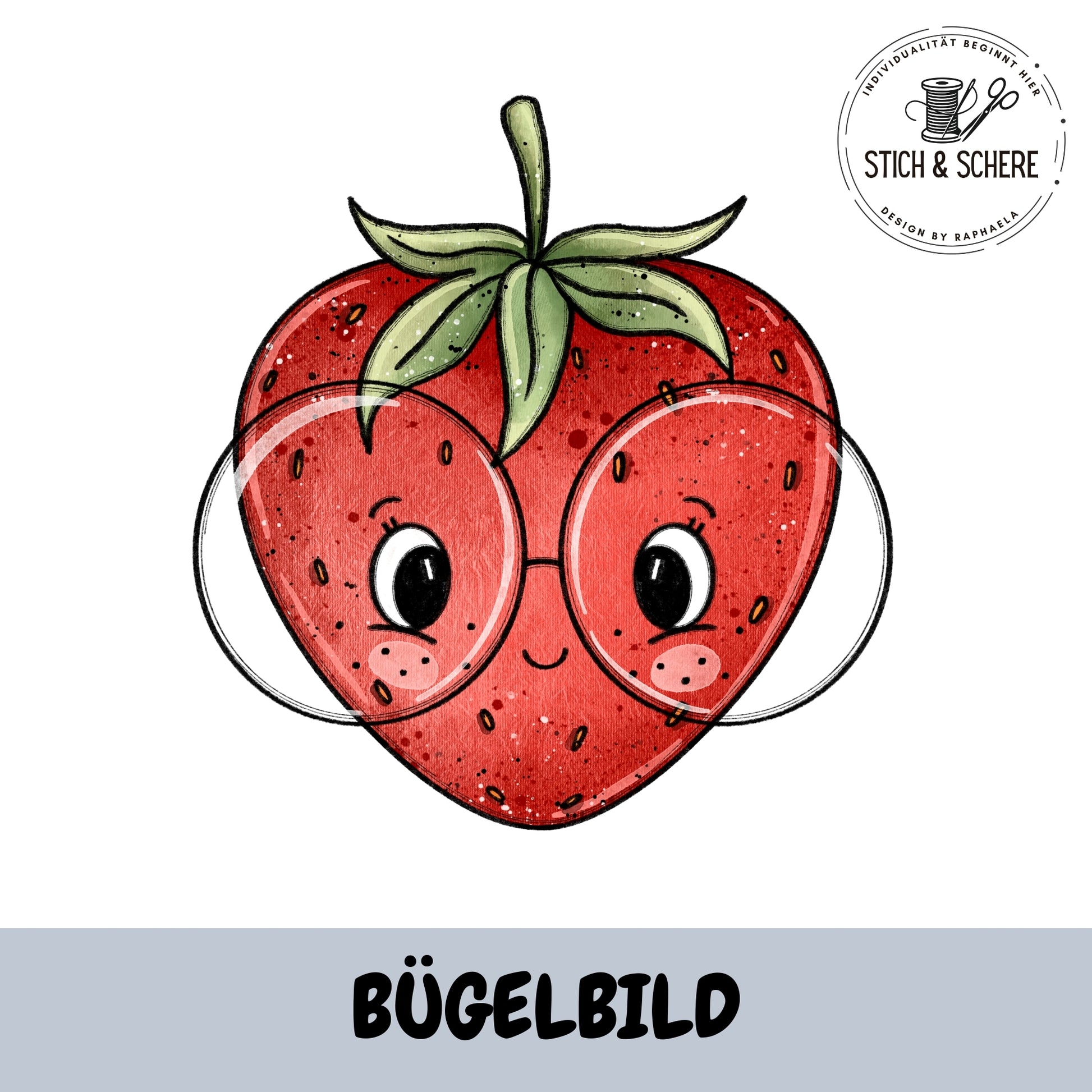 Bügelbild Erdbeerlein mit Brille von Katzengold-Designs – süße Erdbeere mit Gesicht in 10 oder 15 cm