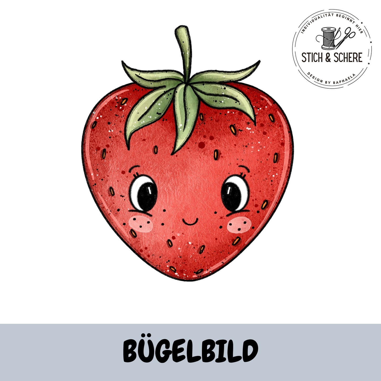 Bügelbild Erdbeerlein ohne Brille von Katzengold-Designs – niedliche Erdbeere mit Gesicht in 10 oder 15 cm