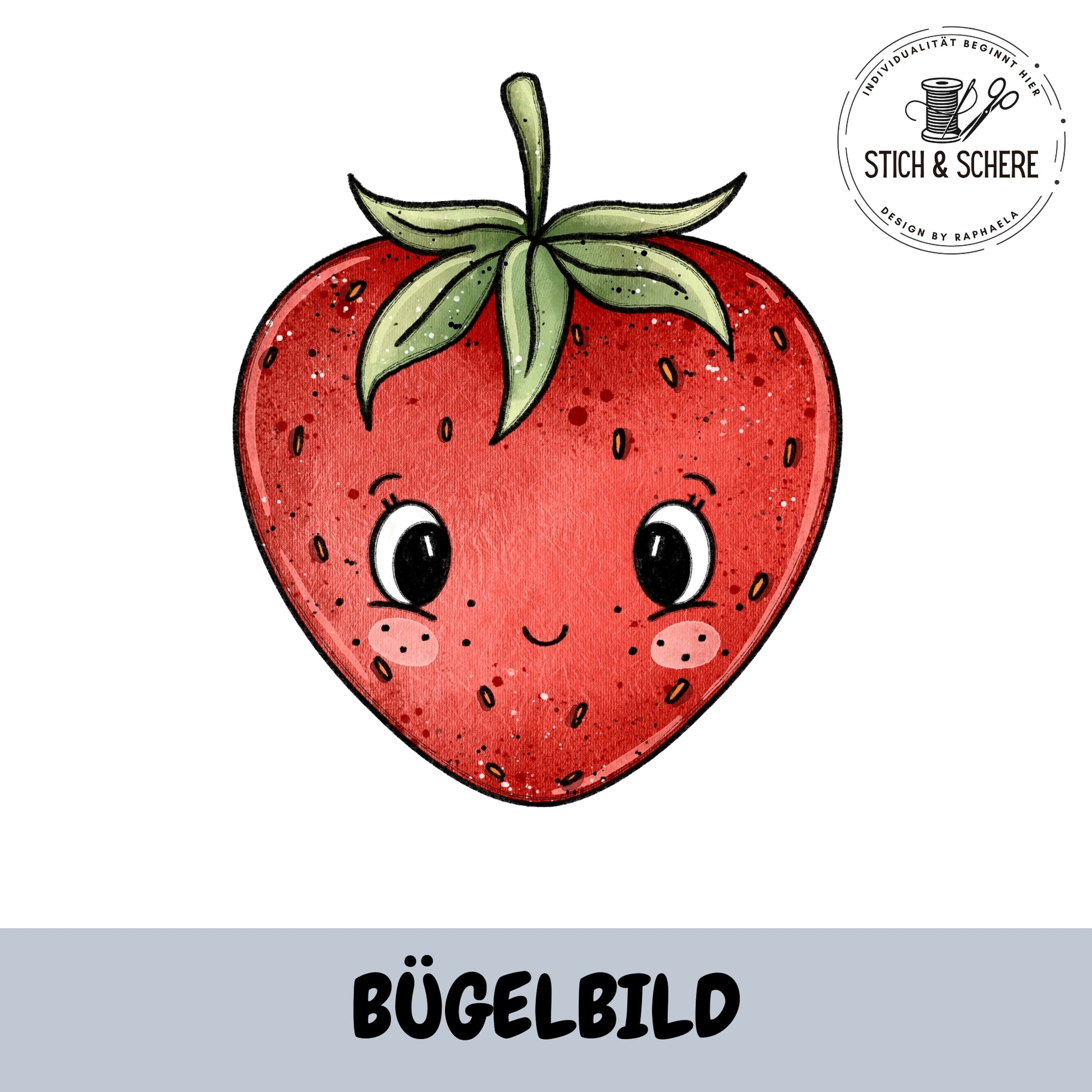 Bügelbild Erdbeerlein ohne Brille von Katzengold-Designs – niedliche Erdbeere mit Gesicht in 10 oder 15 cm