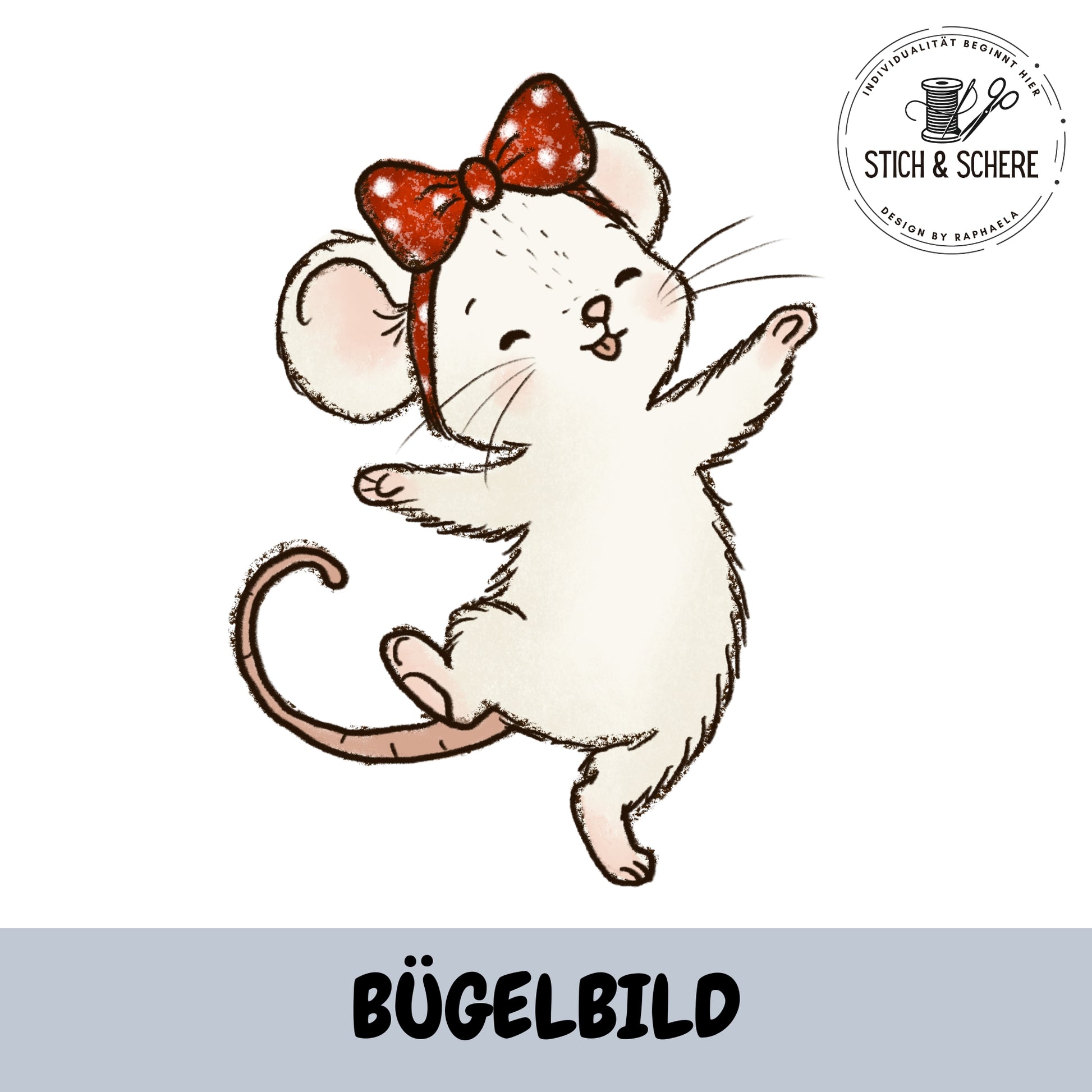 Bügelbild Erdbeermäuse tanzende Maus mit Schleife – DTF Transfer für Kinderkleidung.
