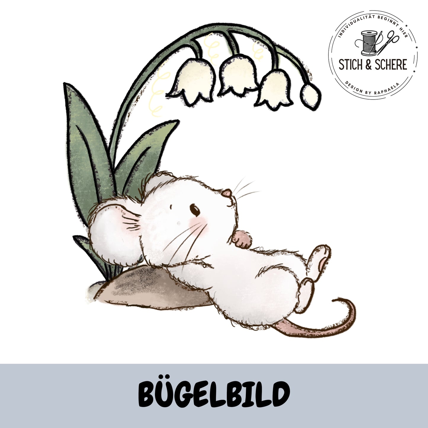 Bügelbild Erdbeermäuse Maus ruht unter Maiglöckchen – liebevolles Gartenmotiv.