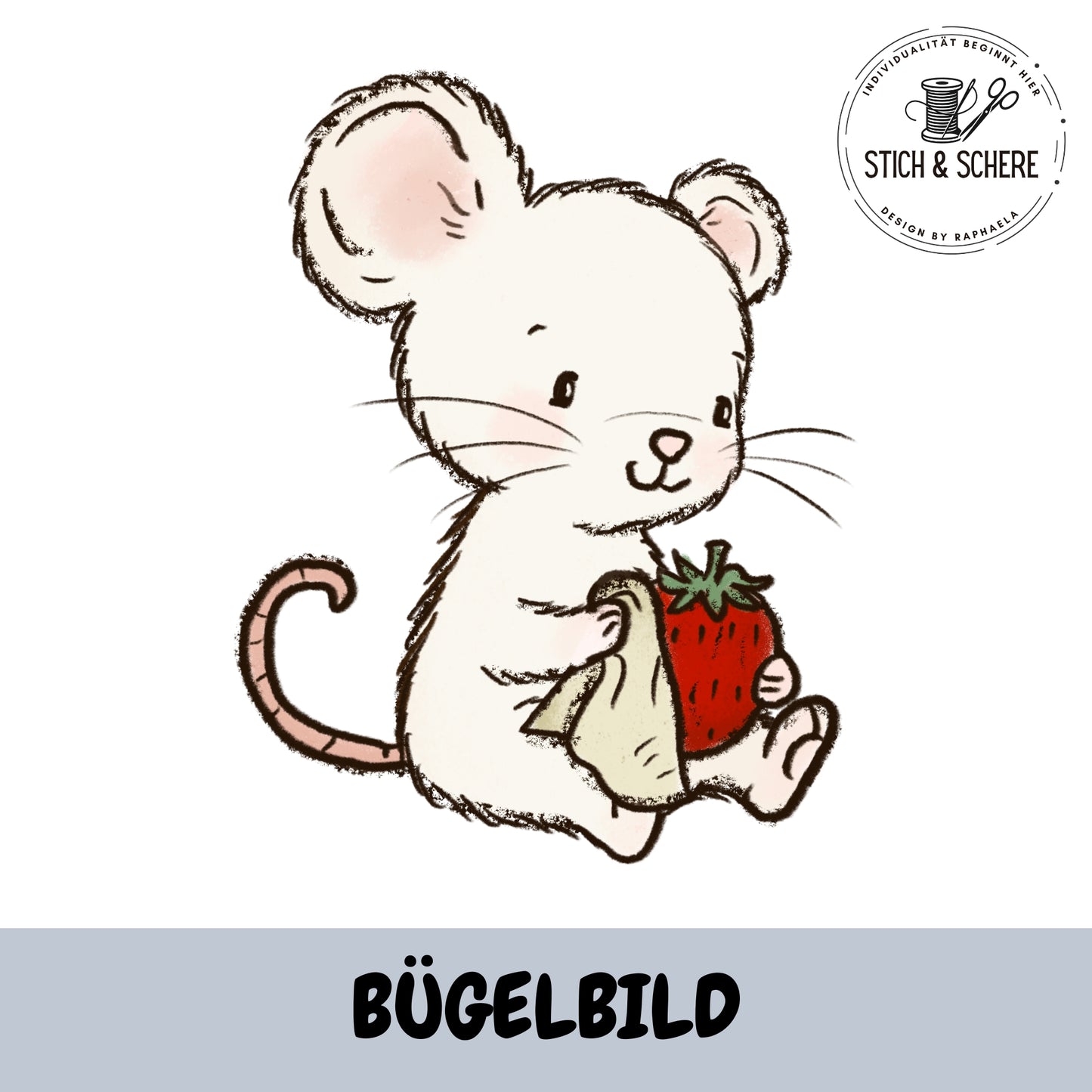 Bügelbild Erdbeermäuse sitzende Maus mit Erdbeere – süßes Motiv für Kinderkleidung.