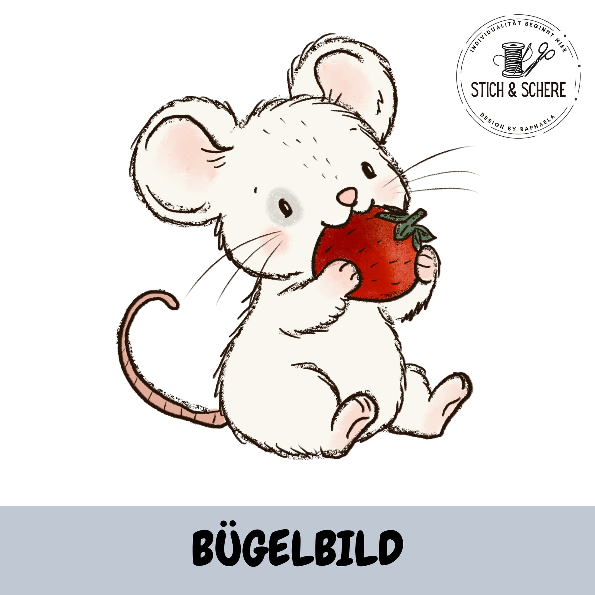 Bügelbild Erdbeermäuse Maus nascht Erdbeere – niedlicher DTF Transfer für Nähprojekte.