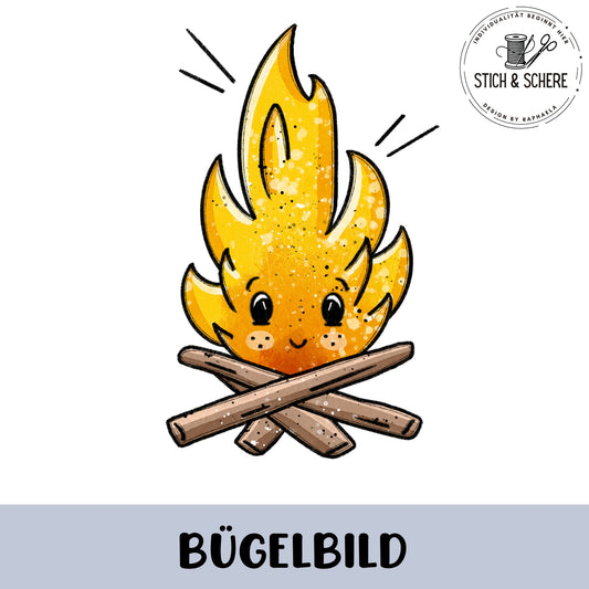 „Freigestelltes Bügelbild: gelb-orange Flamme mit freundlichem Gesicht über gekreuzten Holzscheiten, kindliche Illustration.“