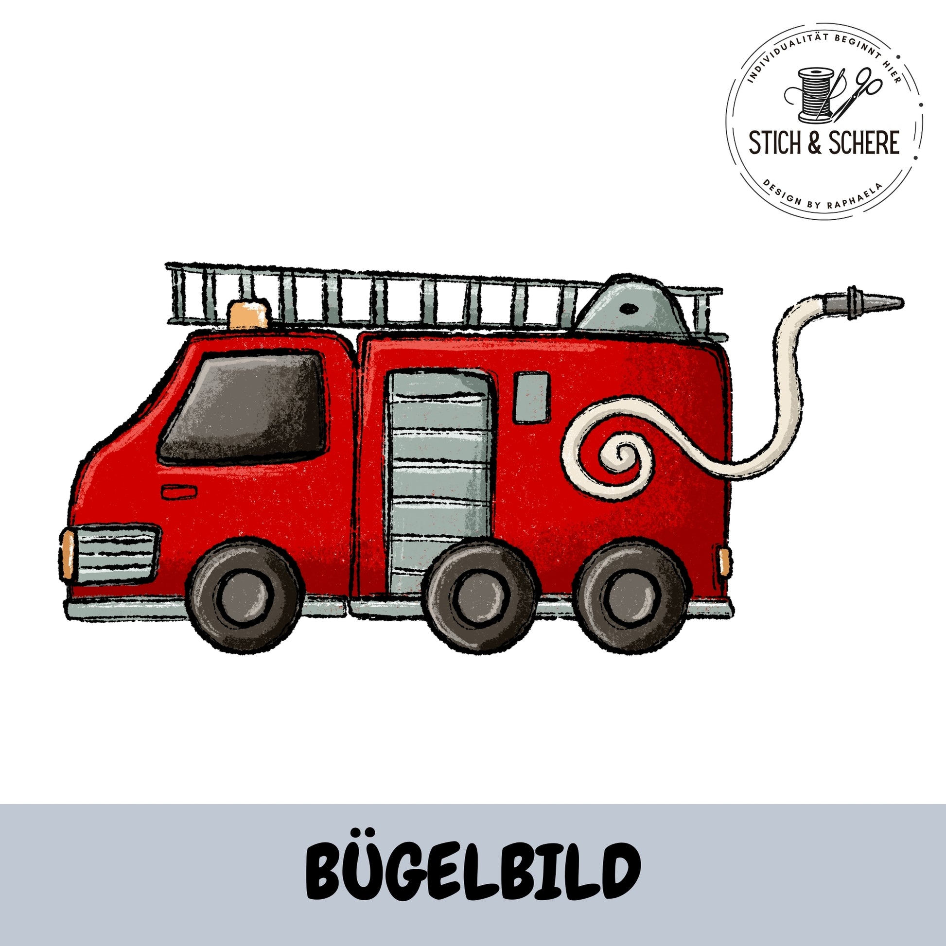 Bügelbild Fire Crew Feuerwehrfahrzeug rot mit Leiter und Schlauch in 10 oder 15 cm von Katzengold-Designs
