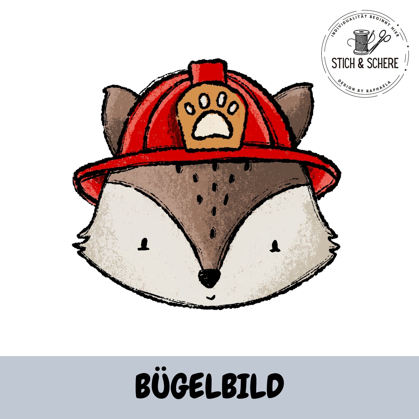 Bügelbild Fire Crew Feuerwehr Fuchs mit rotem Helm in 10 oder 15 cm von Katzengold-Designs